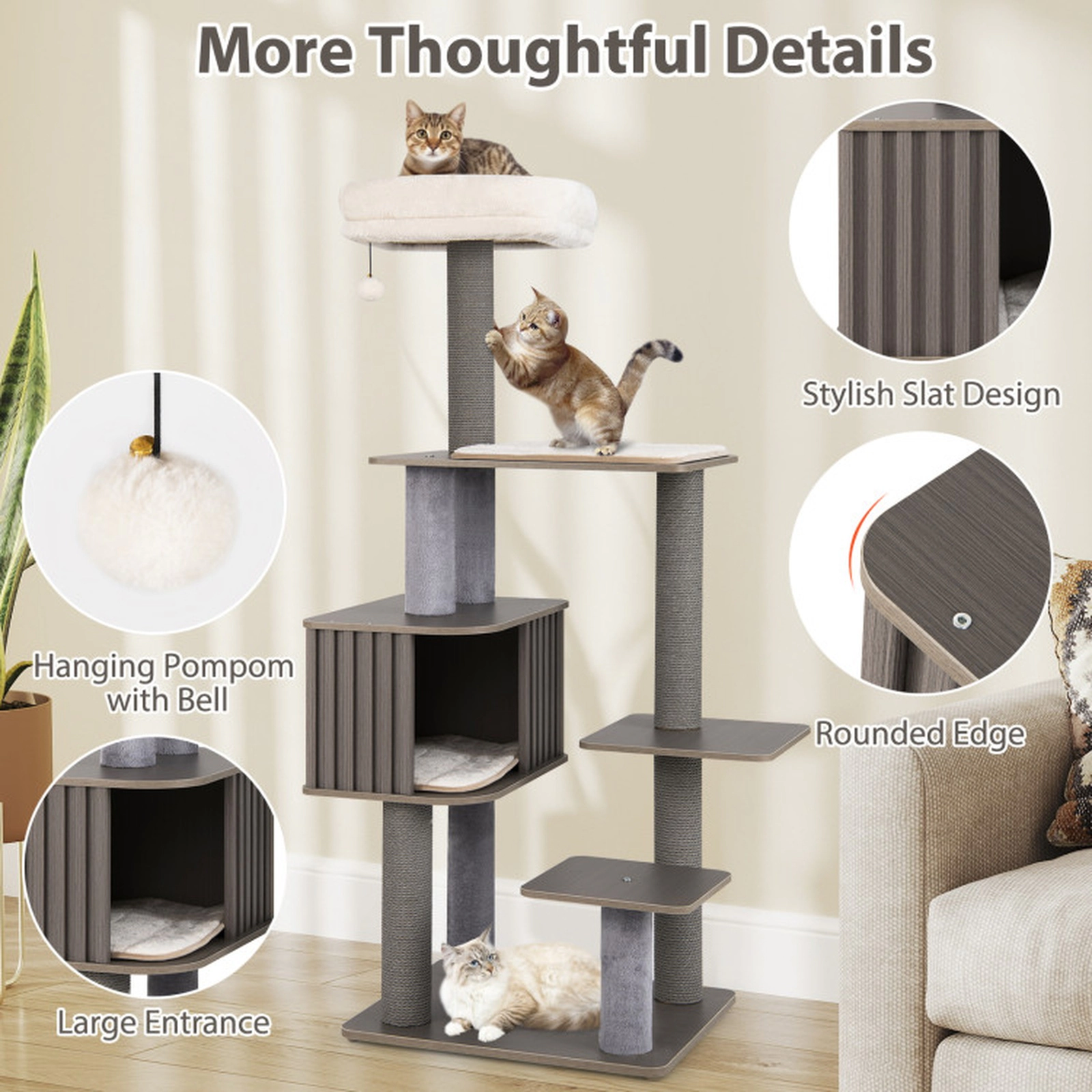 SUGIFT 59.5-in Multi-Level Cat Tree for Indoor Cats with Fence-Style Condo and 16.5-in Padded Top Perch