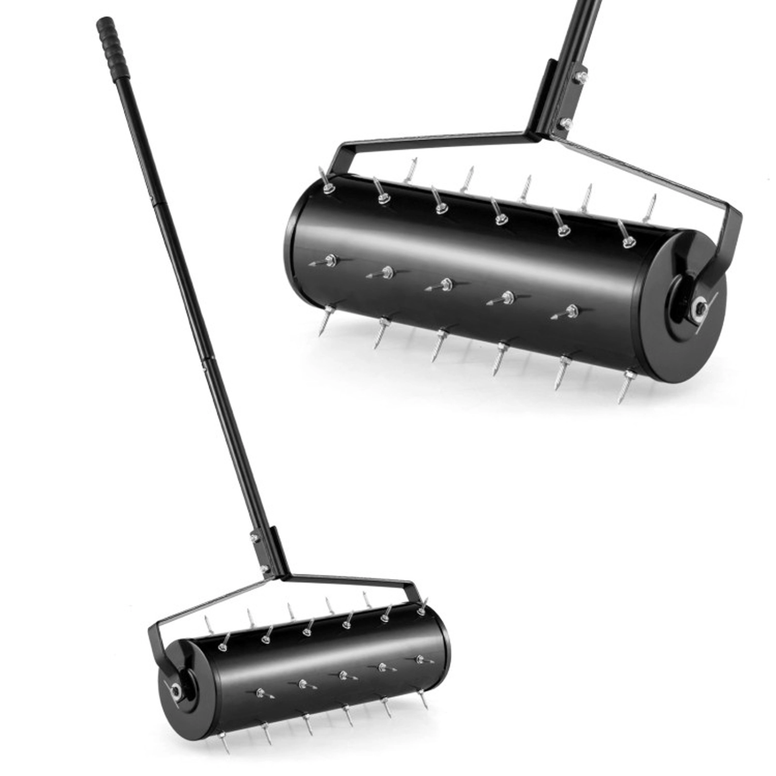SUGIFT Manual Rolling Lawn Aerator Multi-Tool with 18-in and 21-in Drums 51-in Detachable Handle 1.3-in Spikes Black