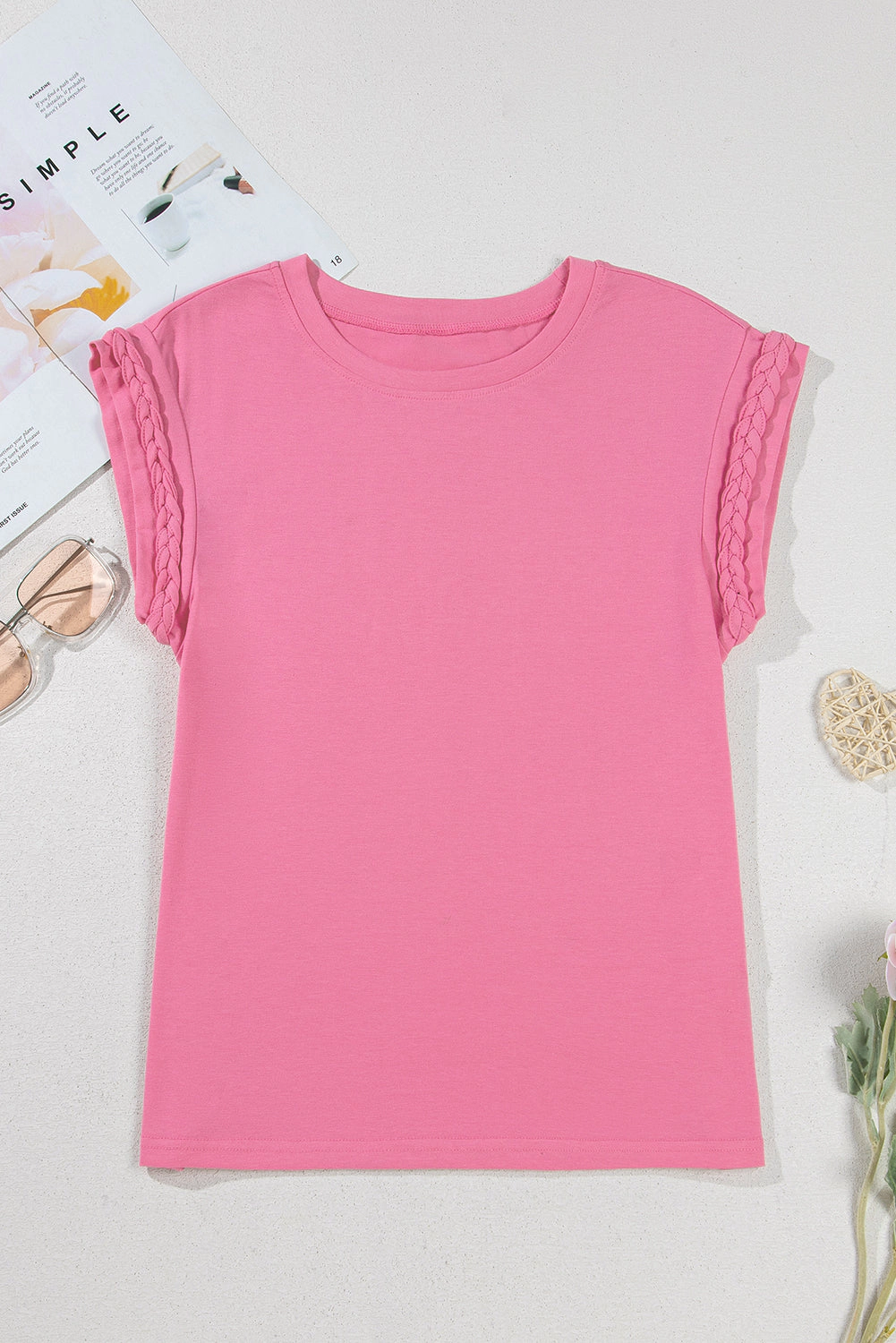 Threaded Pear Women's Anika Braided Cap Sleeve Crew Neck Top