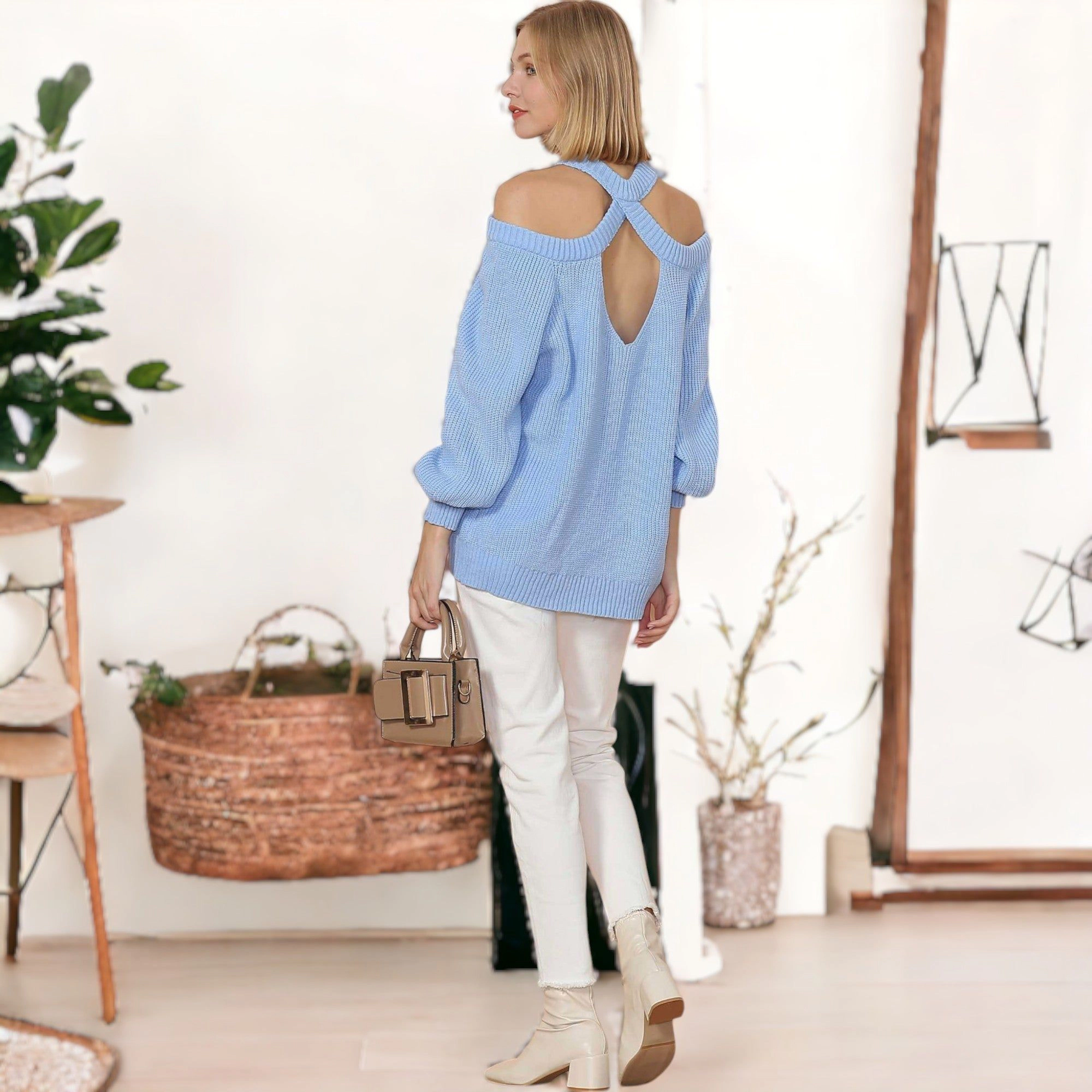Anna-Kaci Women's Halter Neck Knitted Semi Backless Pullover for Everyday Looks