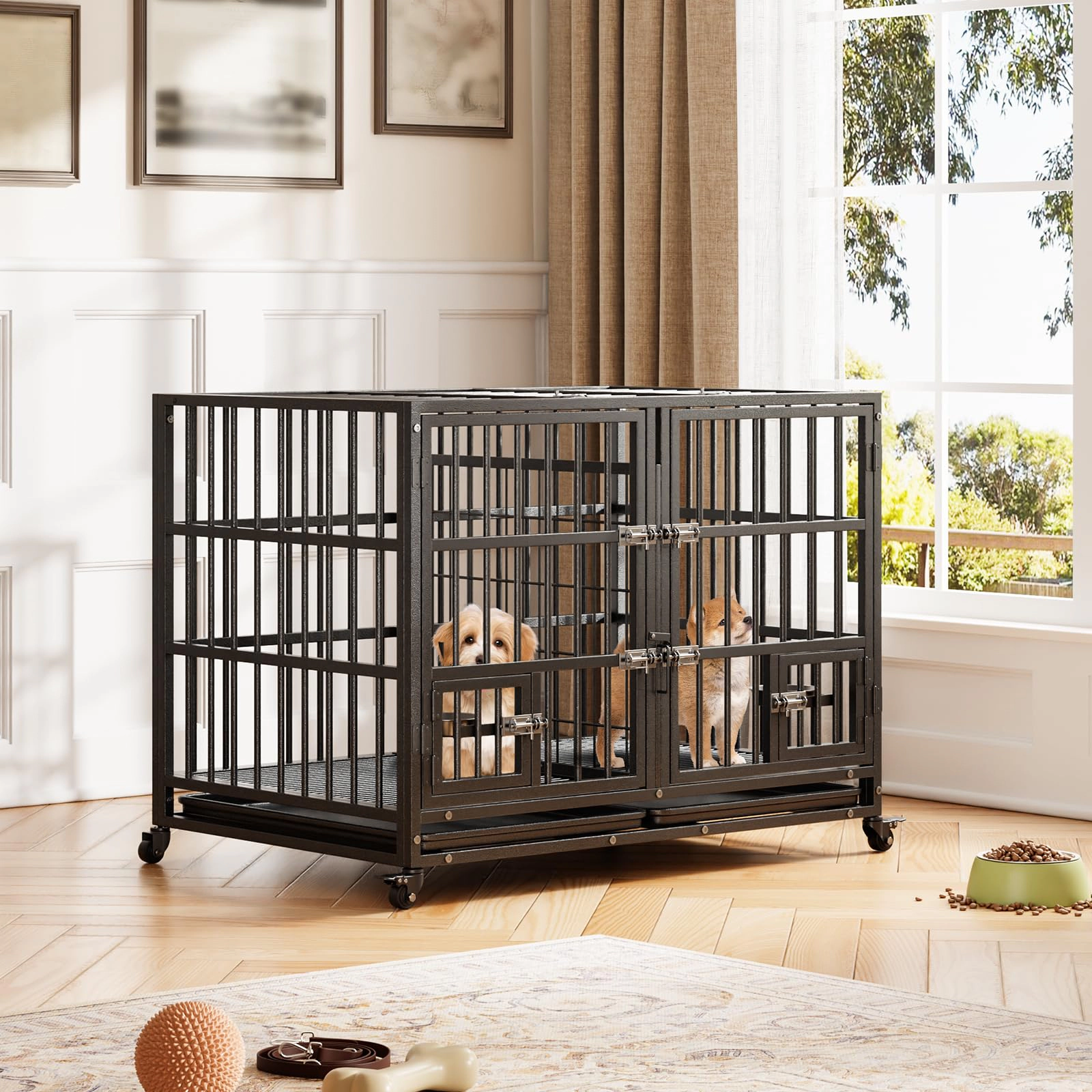 Heavy Duty Extra Large Metal Dog Crate with Roof Top, 2 Doors, Removable Tray & Wheels for High Anxiety Giant Breeds