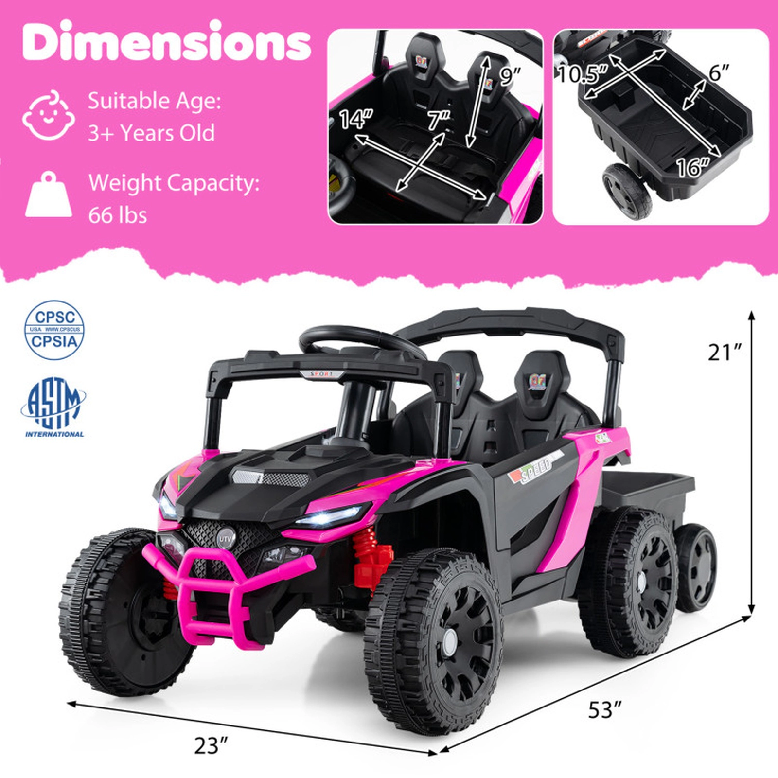 SUGIFT 12V Battery Powered Ride On Tractor Parent Remote Control 66-lb Capacity Ages 3+ with Detachable Trailer Black