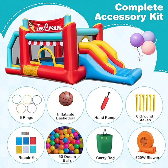 SUGIFT Multicolor 5-in-1 Ice Cream Kids Bounce House with 63-in Slide Ball Pit and 520W Blower 187-in Long