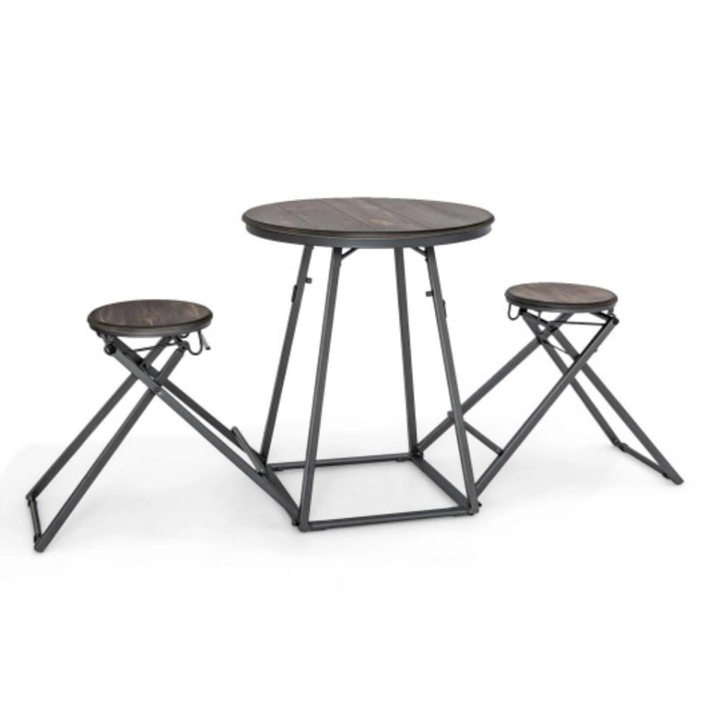 Hivvago 3 Pieces Dining Table Set With 2 Foldable Stools For Small Space-Gray