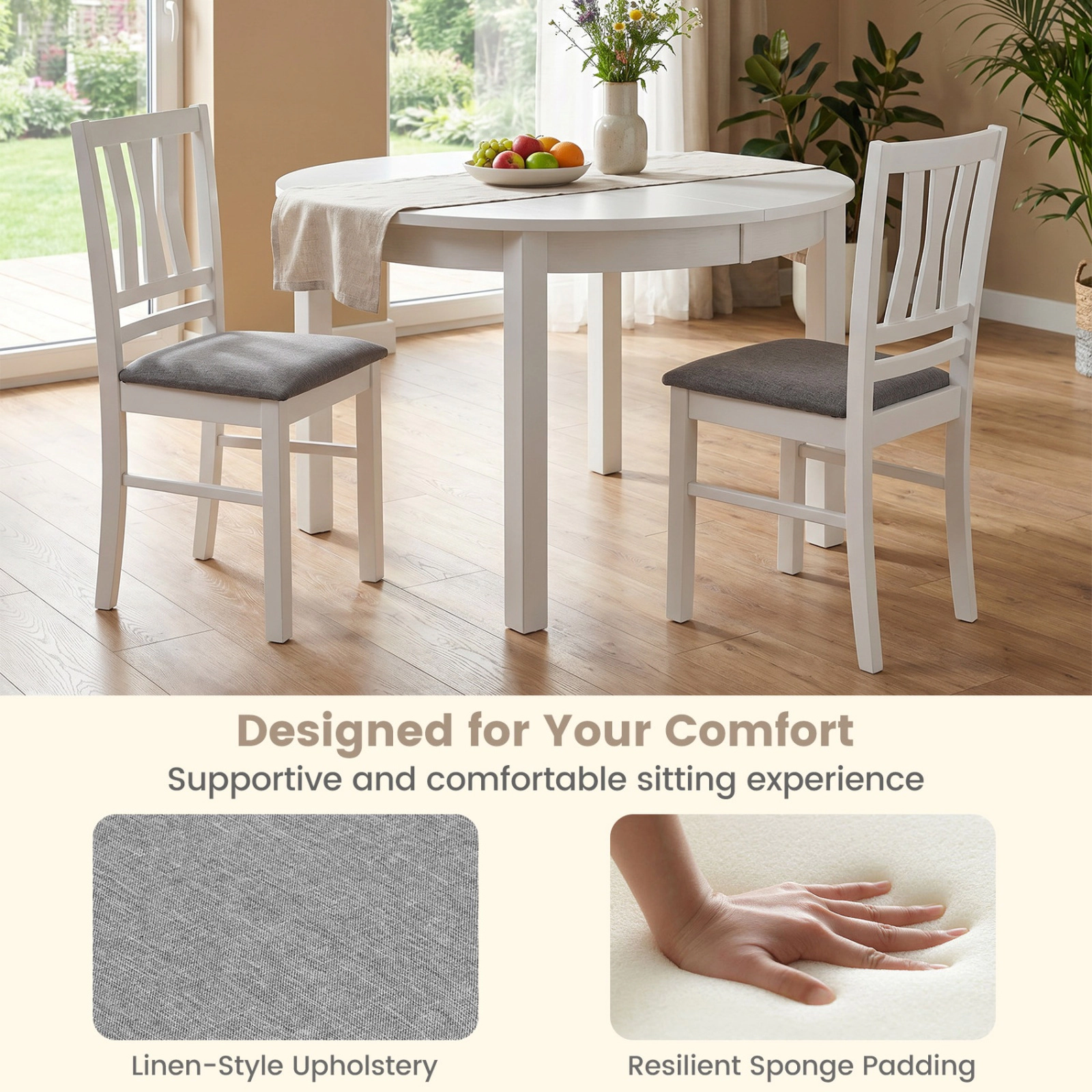 SUGIFT Set of 4 Linen Style Upholstered Dining Chairs 330-Lb Capacity with Slatted Backrest White and Gray