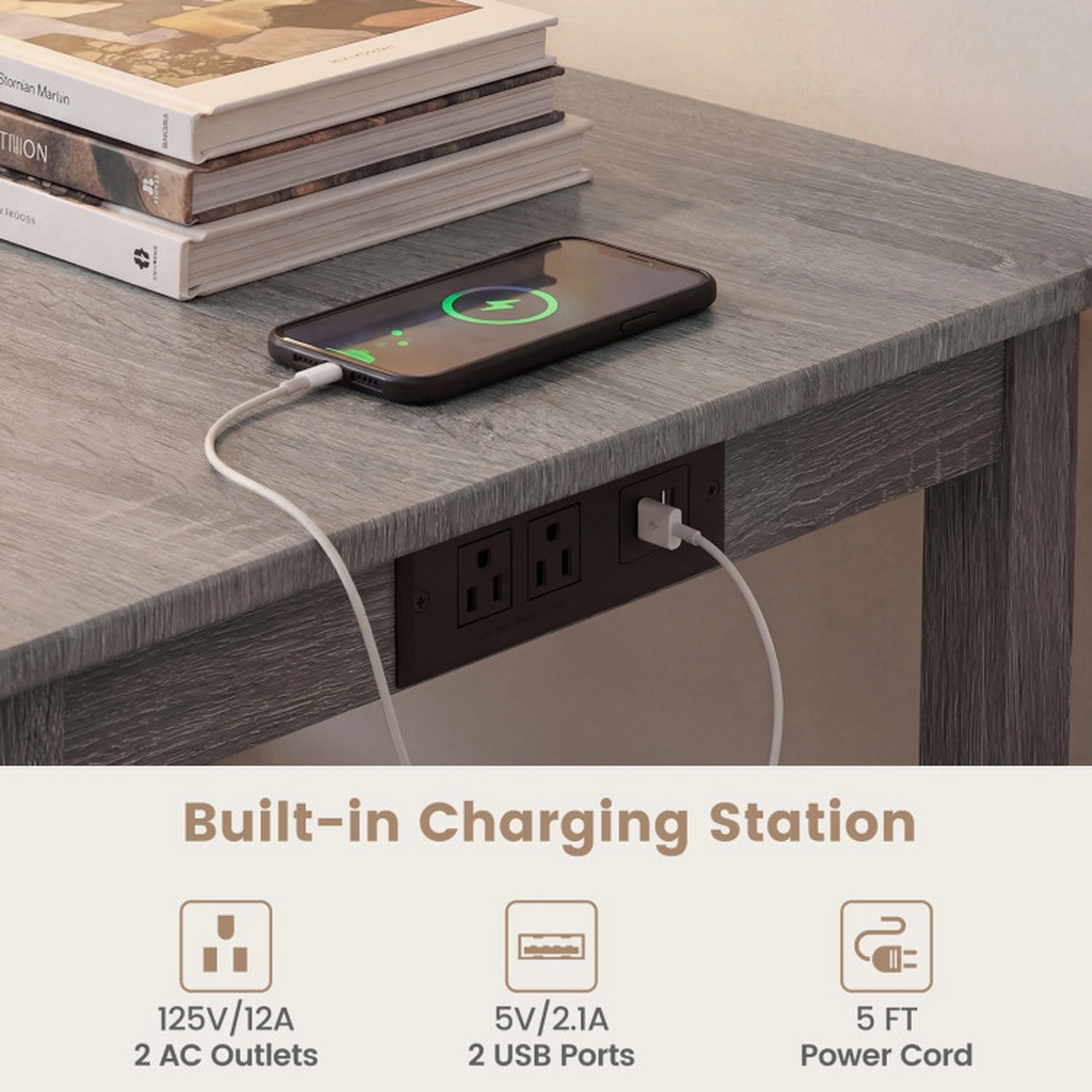 SUGIFT 4-Piece Gray Counter-Height Dining Set with Charging Outlet, Bench and 2 Stools