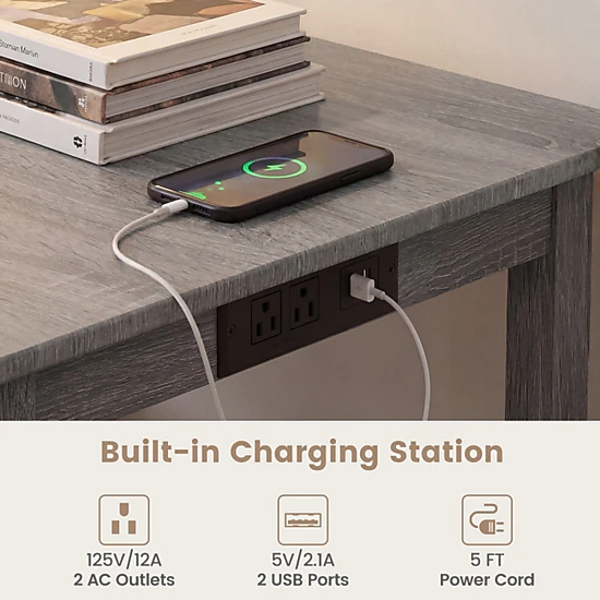 SUGIFT 4-Piece Gray Counter-Height Dining Set with Charging Outlet, Bench and 2 Stools