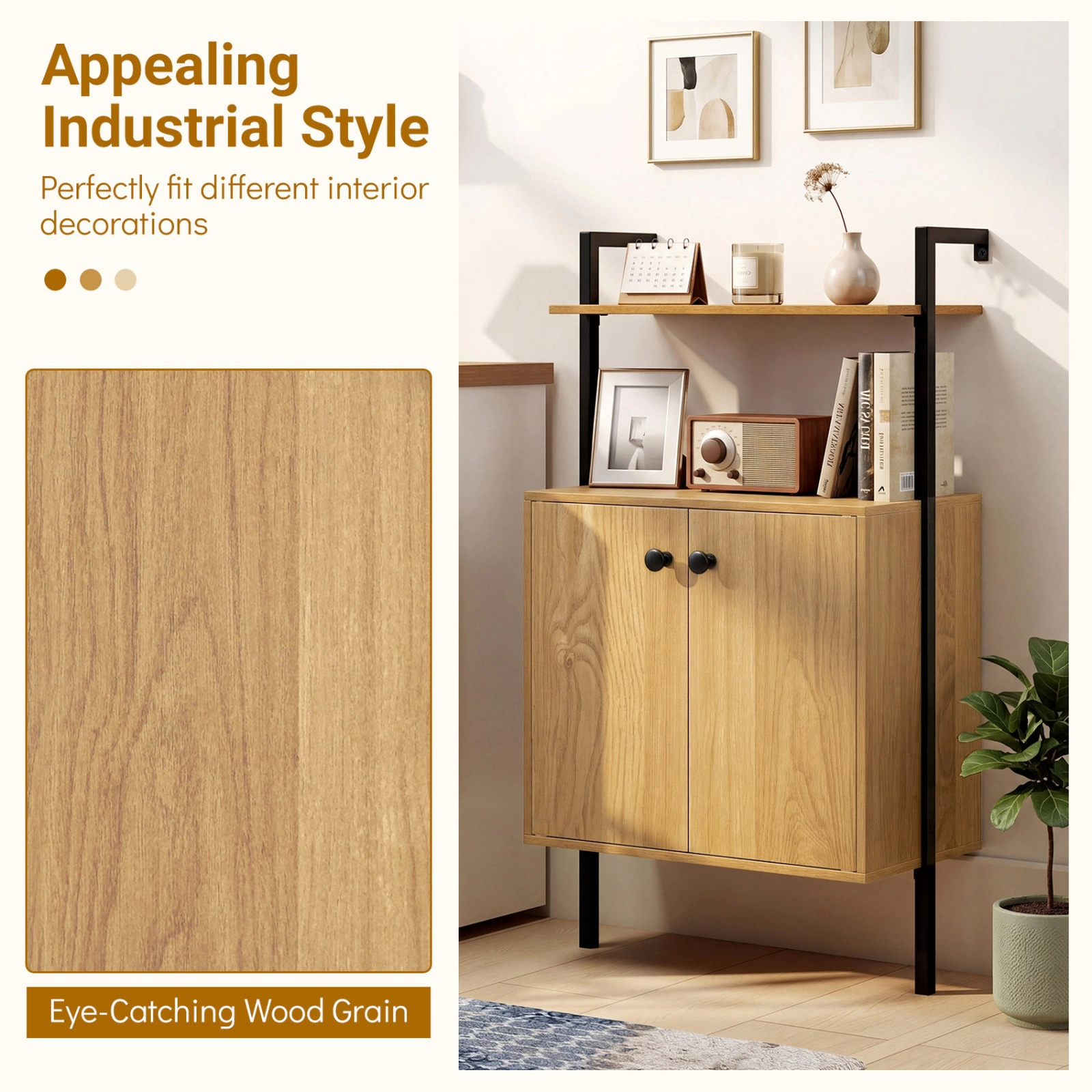 SUGIFT Natural 2-Door Wall Mount Bookshelf with Storage Cabinet and Open Shelves