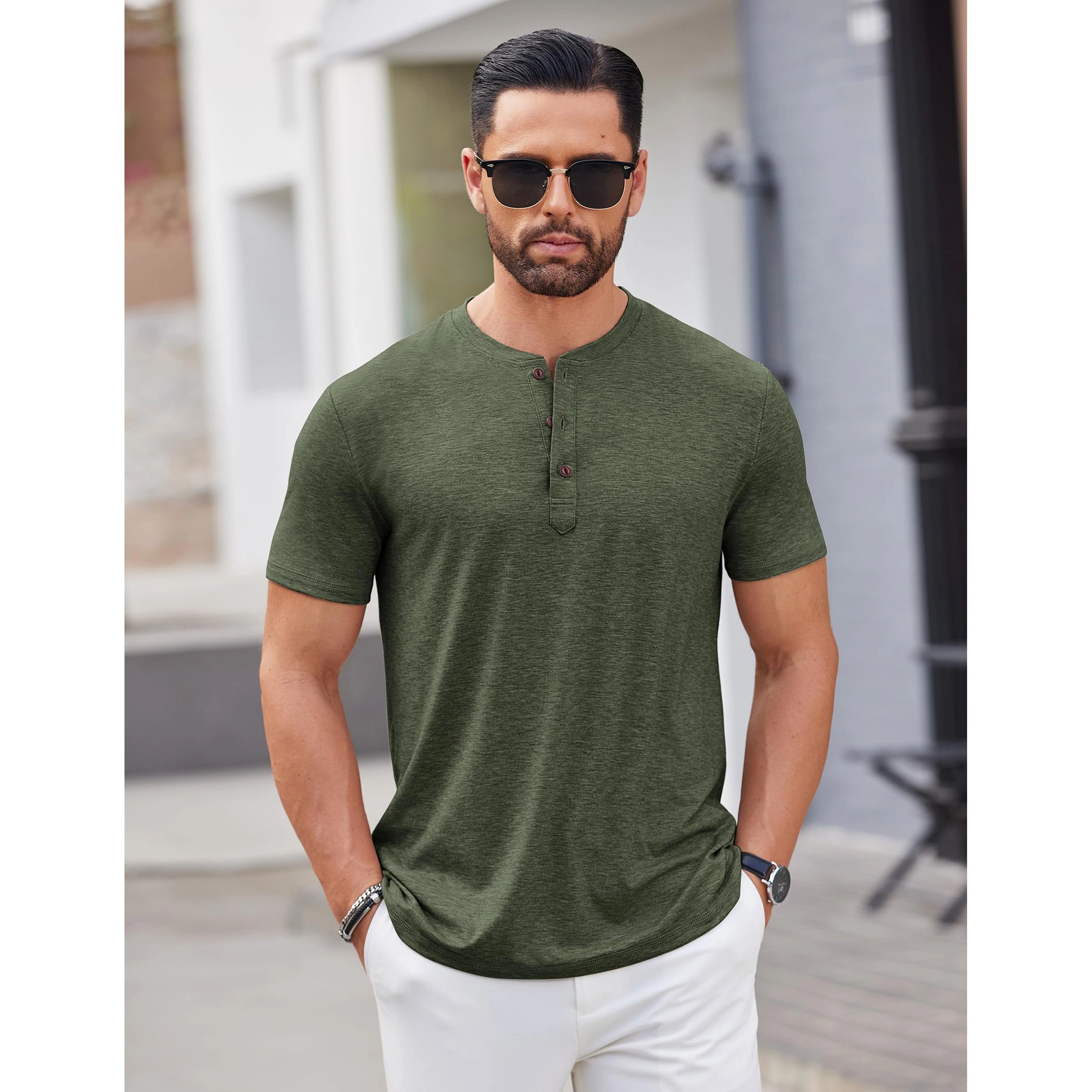 COOFANDY Mens Casual Short Sleeve Henley Shirt  Button Placket Crew Neck Tees