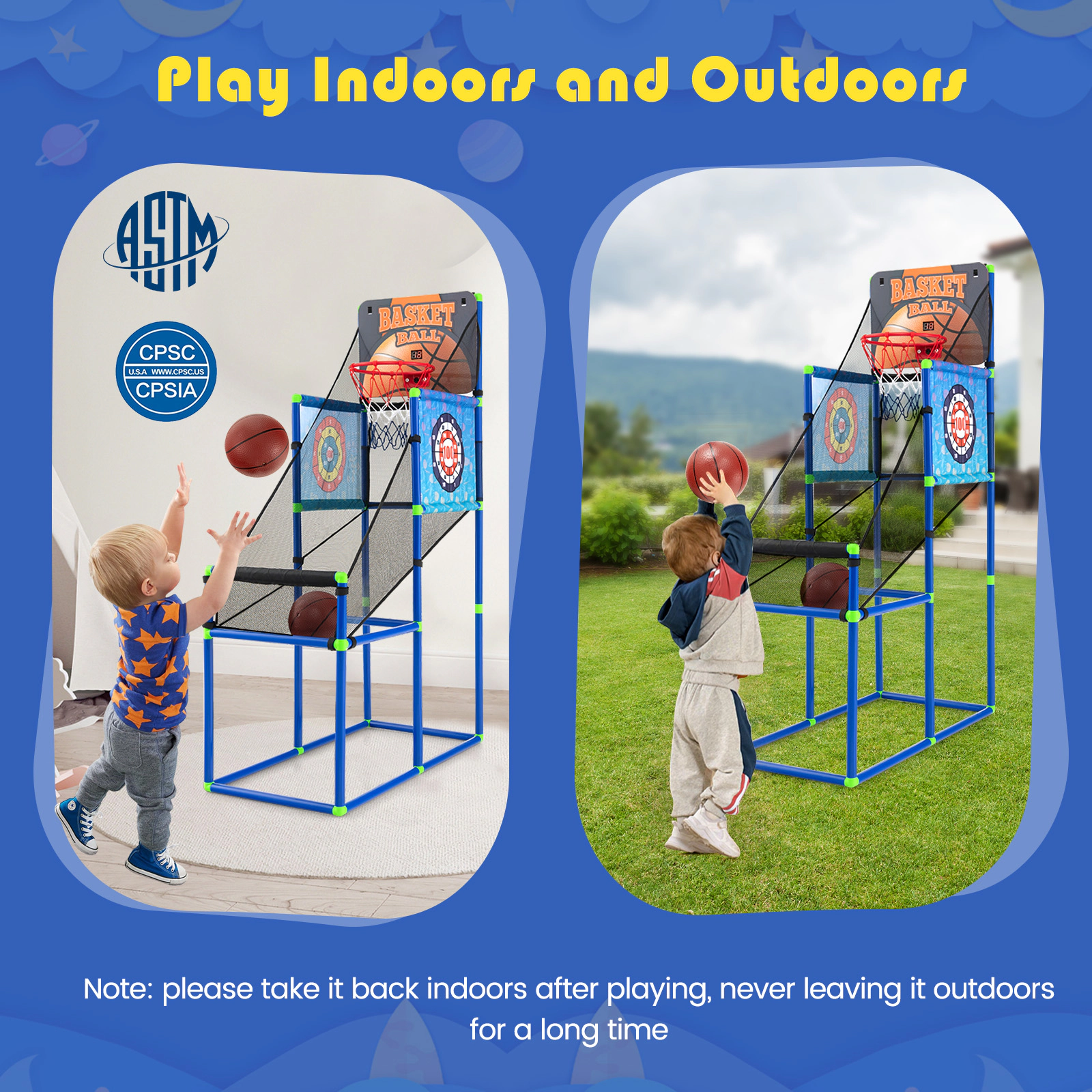 SUGIFT Kids 2-in-1 Basketball Arcade Game Cloth Targets Electronic Scoreboard 2 Basketballs 53-in Tall Ages 3+ Blue