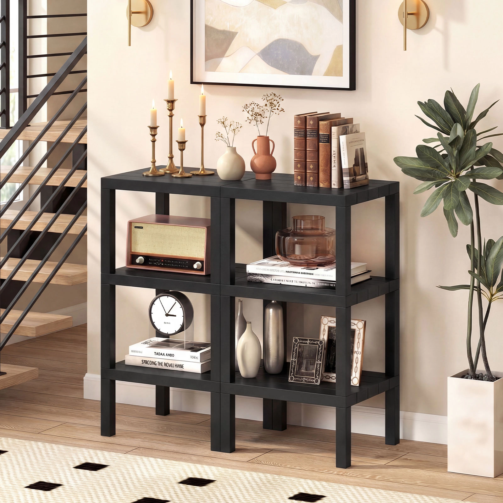 SUGIFT Black 6-Tier Modular Plastic Cube Storage Organizer Shelf for Closet Kitchen and Bathroom