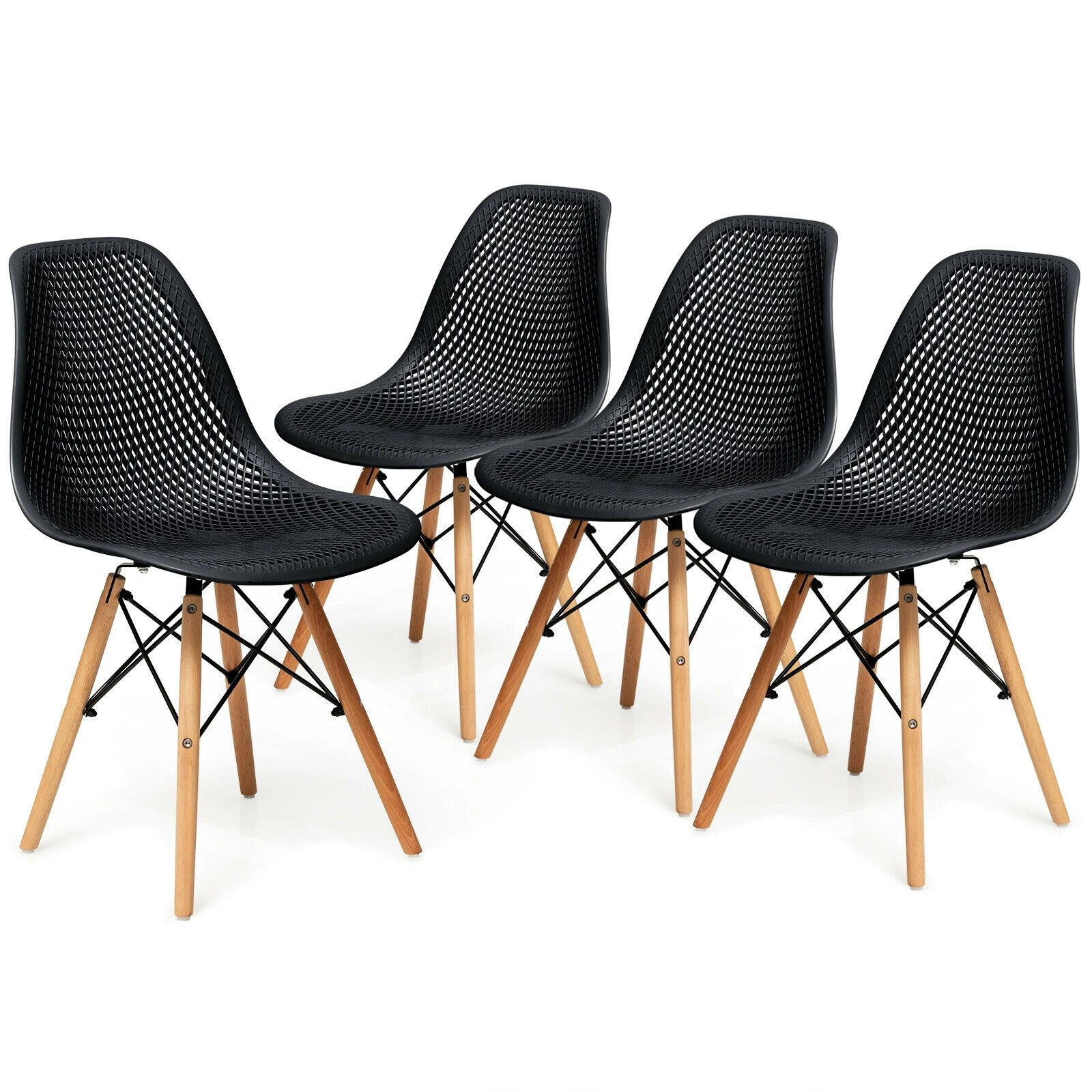 SlickBlue Unisex Set of 4 Hollow Back Plastic Chairs with Wood Legs