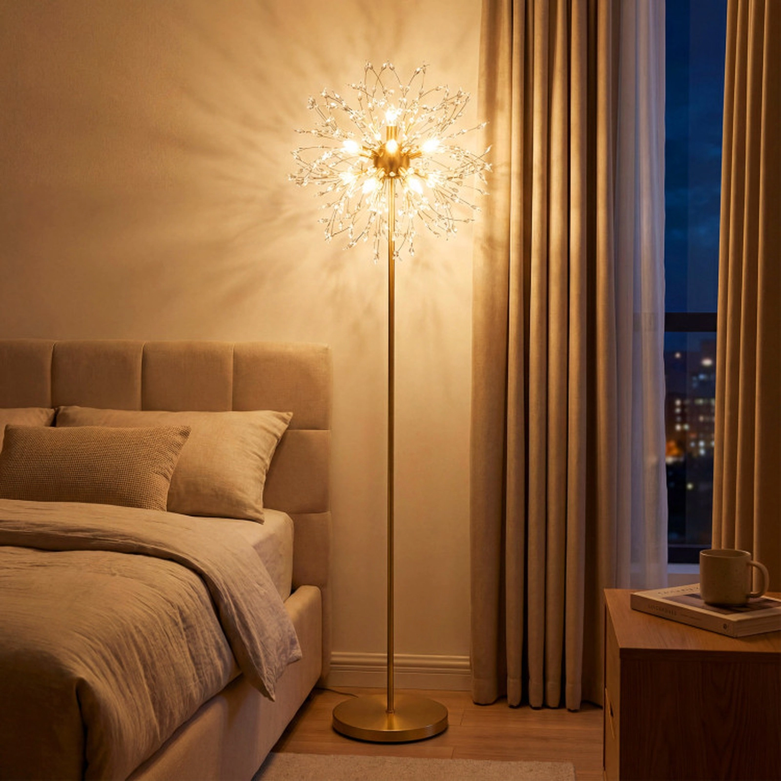 SUGIFT 63-in Dandelion Crystal Floor Lamp with Acrylic Crystals 8 G9 Sockets Gold / Sliver
