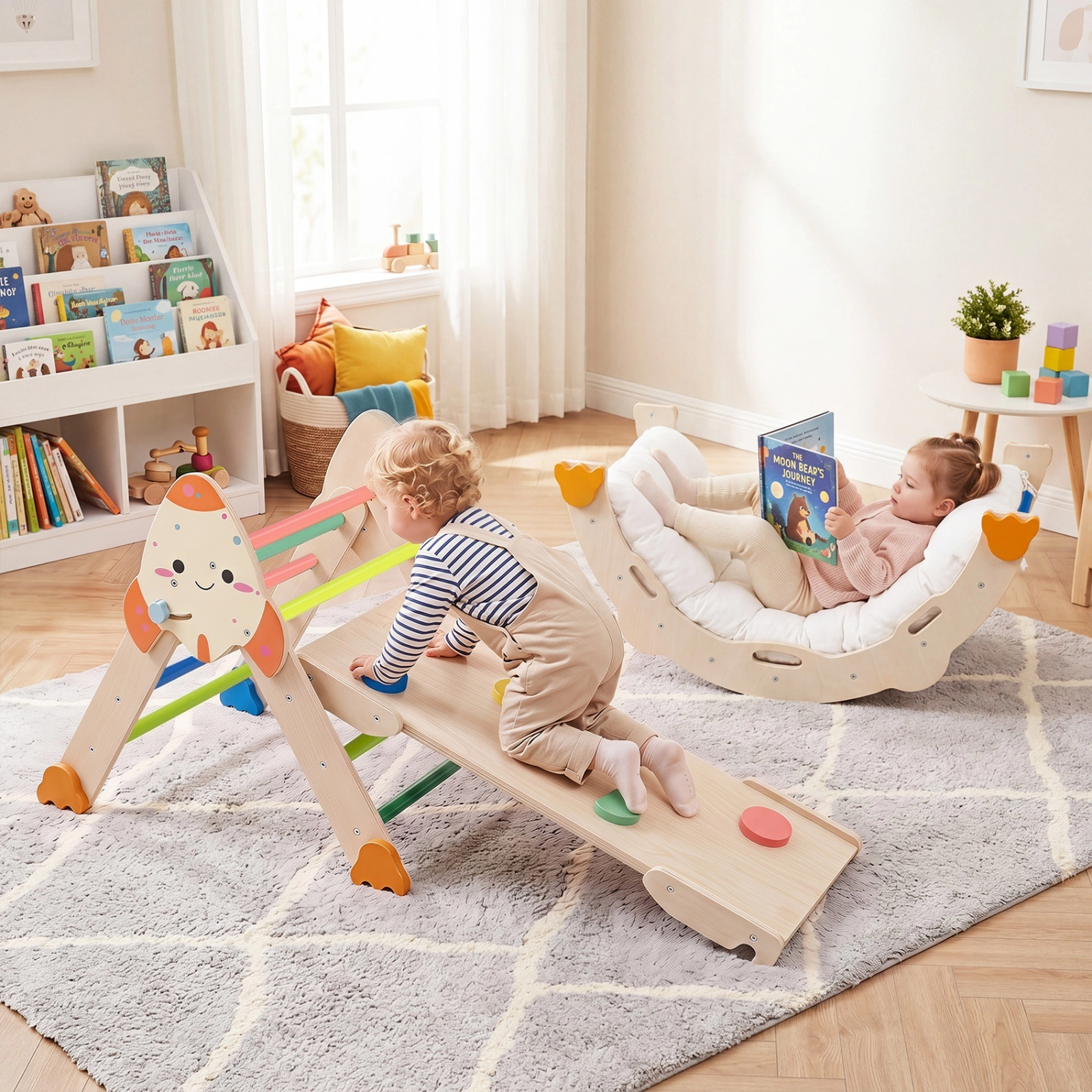 8-in-1 Foldable Toddler Climbing Set Rocket Theme Climbing Triangle Arch Balance Bridge Cushion 330-lb Total Ages 1+