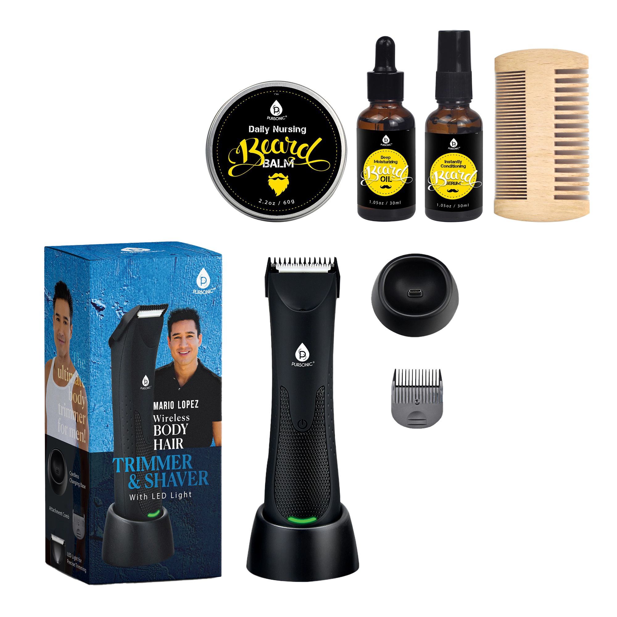 Pursonic Men’s Complete Grooming Kit – Wireless Body Hair Trimmer & Beard Care Grooming Bundle