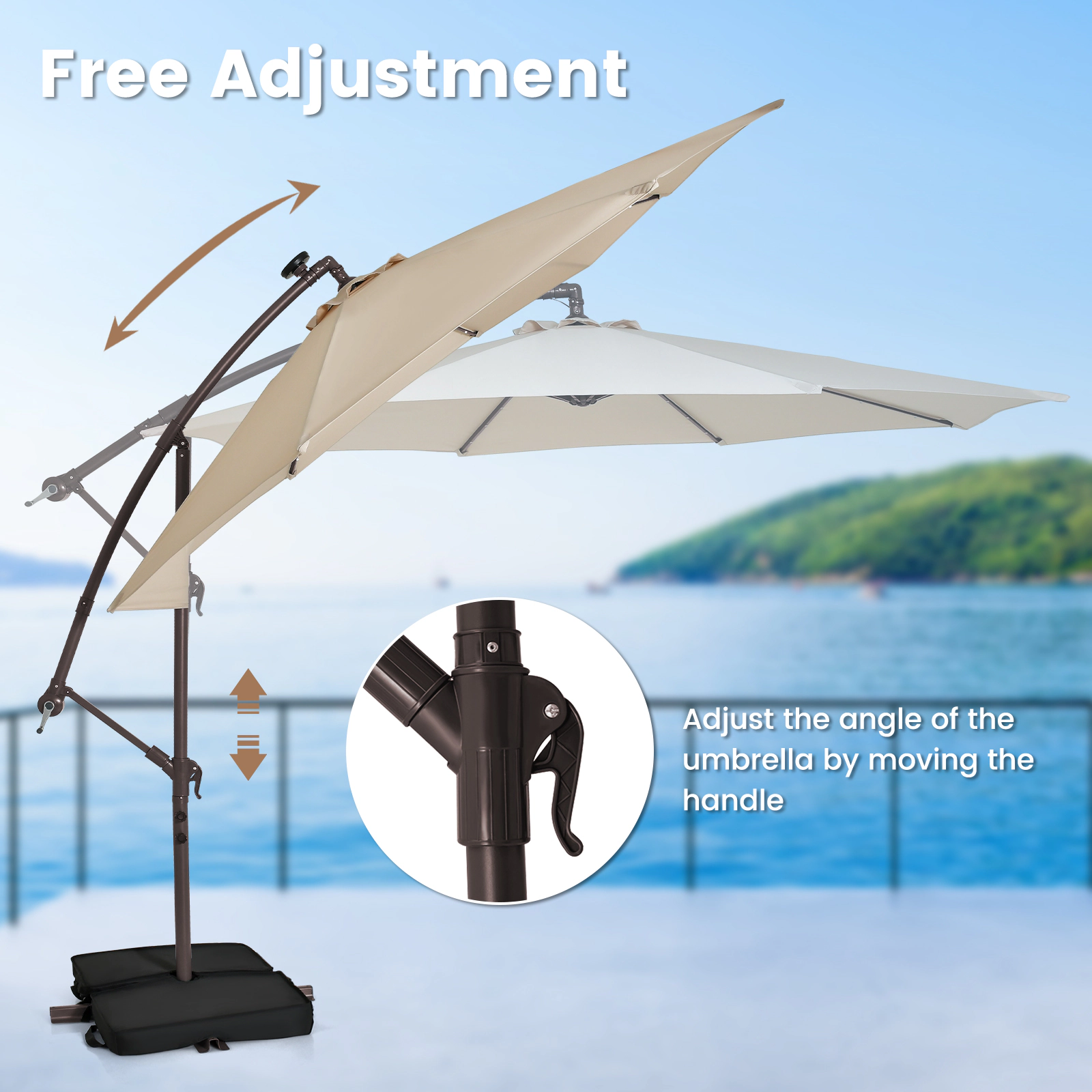 SUGIFT 10-ft Cantilever Patio Umbrella with Solar LED Lights, 10-ft Canopy, 6.5-ft Canopy Height and Sand Bag Base Beige