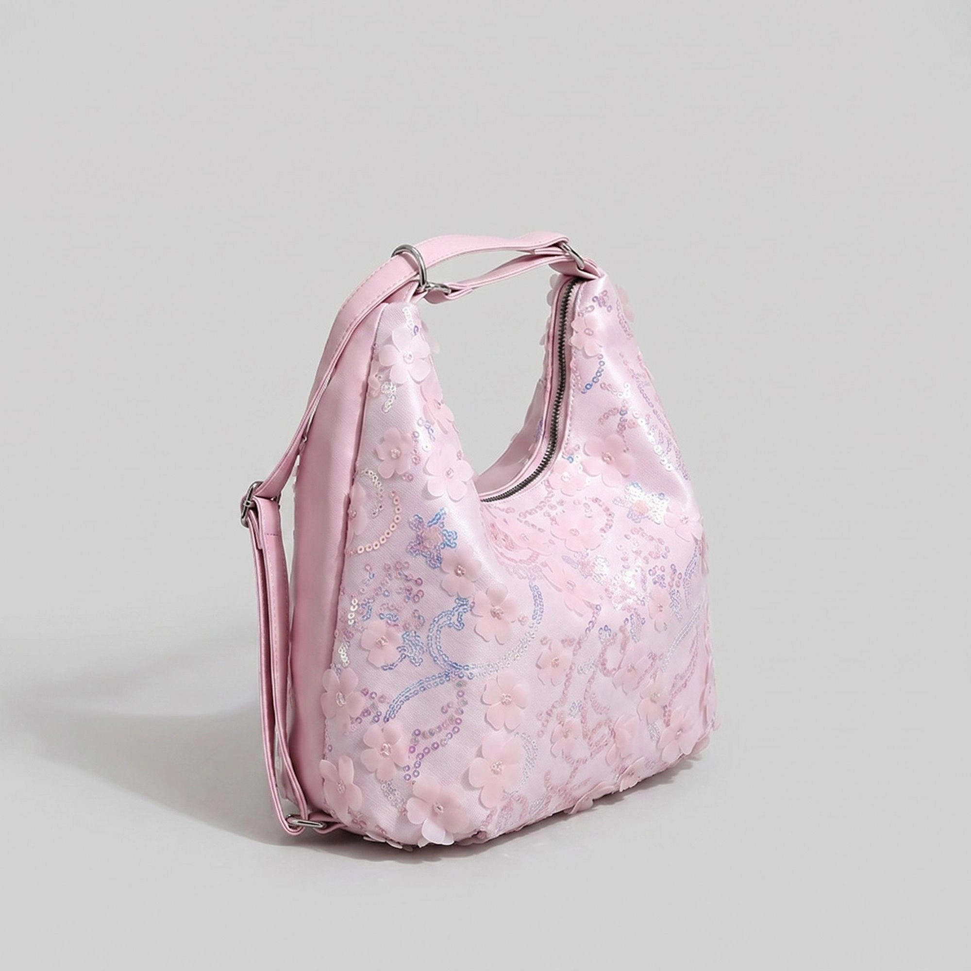 Alilang Women's Floral Sequin Hobo Shoulder Bag with 3D Applique Details and Adjustable Strap