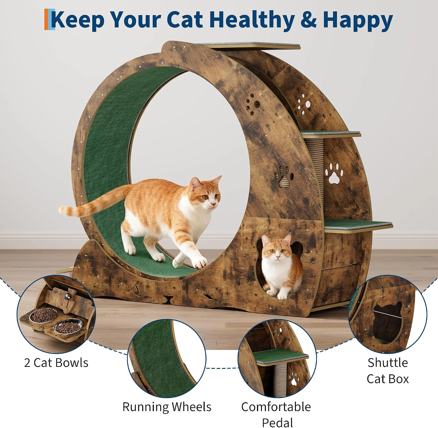 85cm Inner-Diameter Multi-Function Cat Exercise Wheel, Density-Board Cat Running Treadmill, Retro Brown