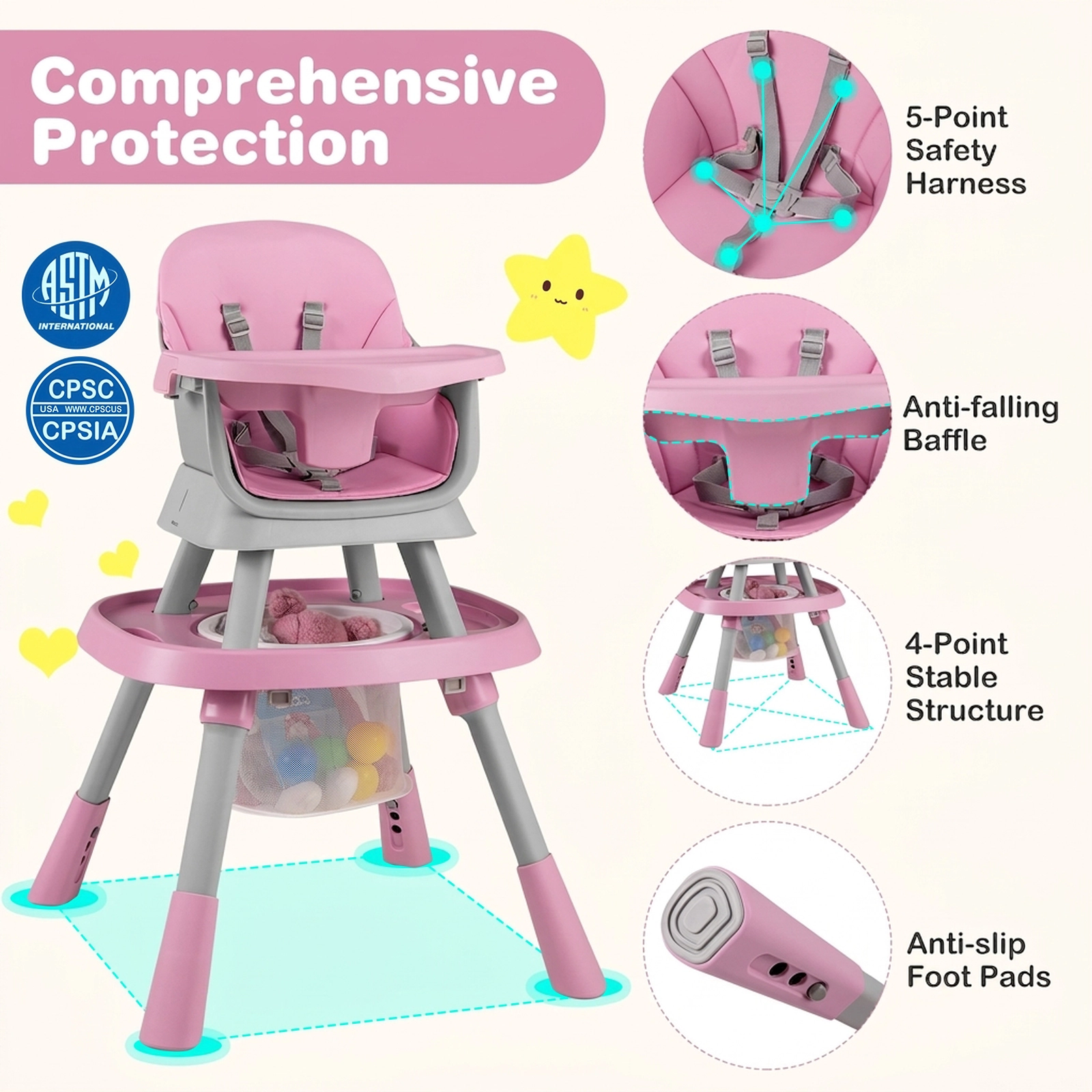 Convertible Baby High Chair and Kids Learning Table Double-Sided Craft and Building Block Tabletop 6 to 36 Months Pink