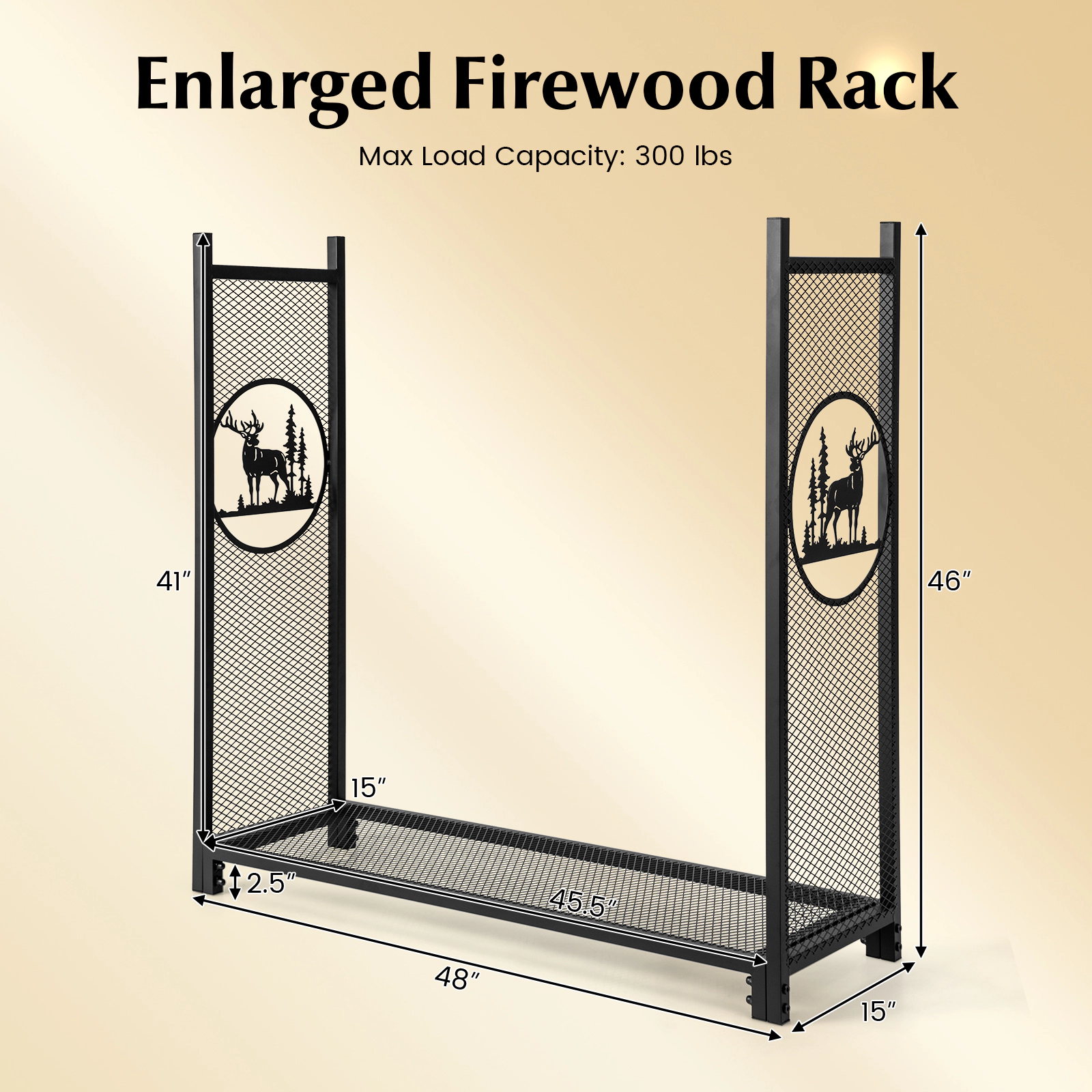 SUGIFT 4 Feet Mesh Firewood Rack Stand 300-lb Capacity Metal Log Holder with 48-in Wide Frame and 41-in High Sides Black