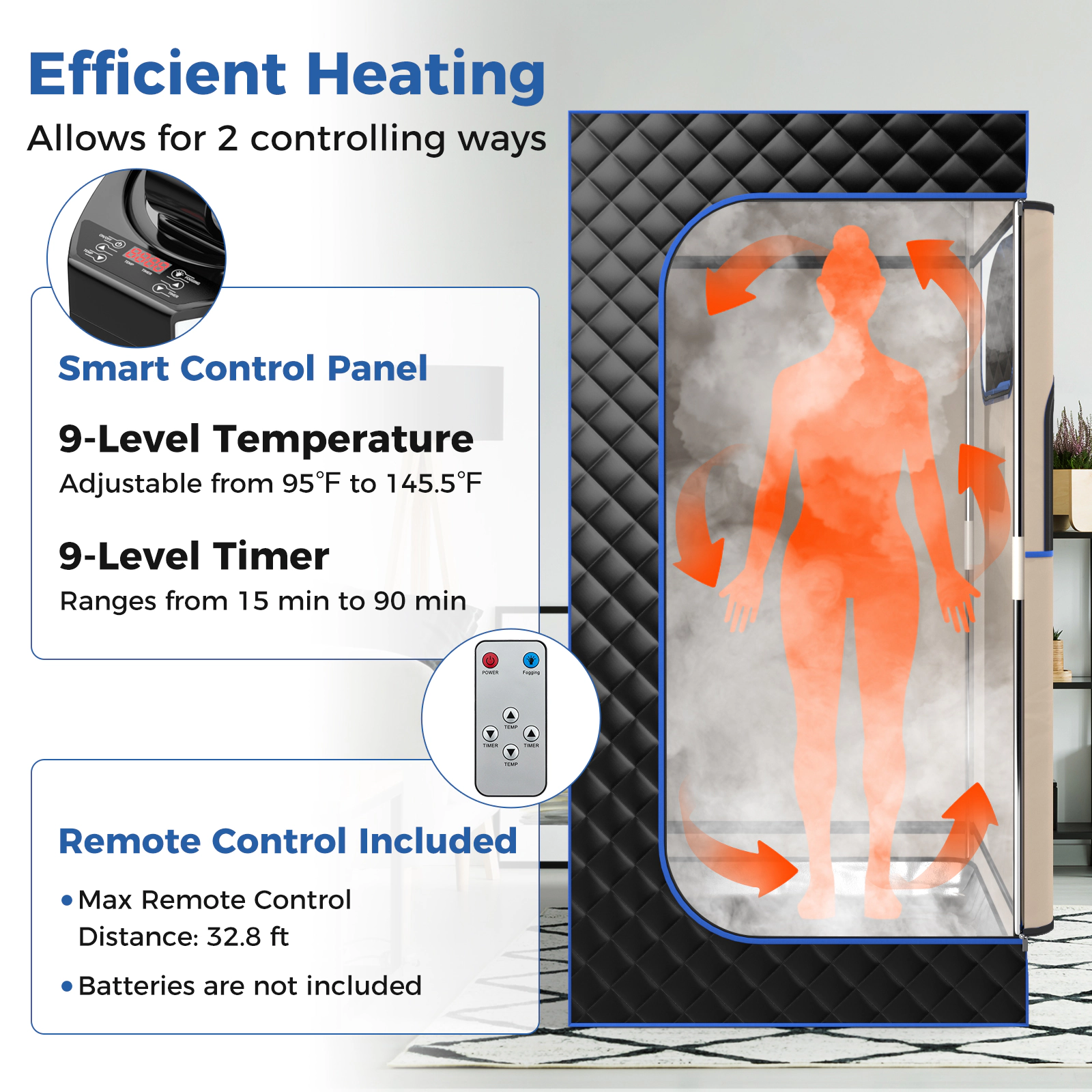 Slickblue Home Steam Sauna Tent with 3L Steam Generator Remote Control Chair Black
