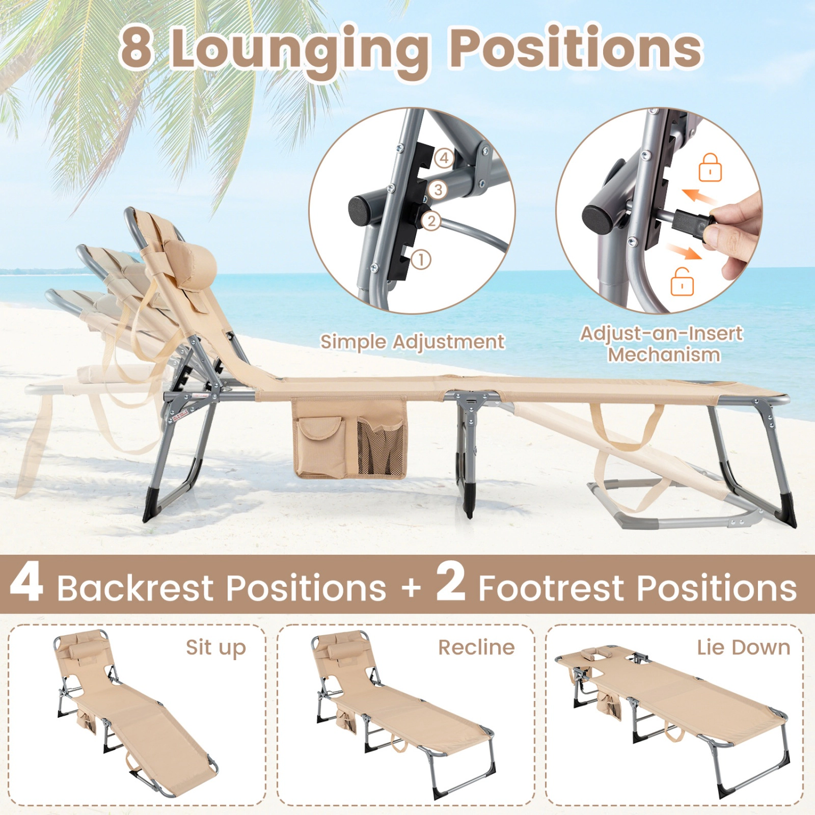 SUGIFT Adjustable Folding Tanning Chair with Face & Arm Holes 330-lb Capacity with Pillow & Storage Pockets Black Pink
