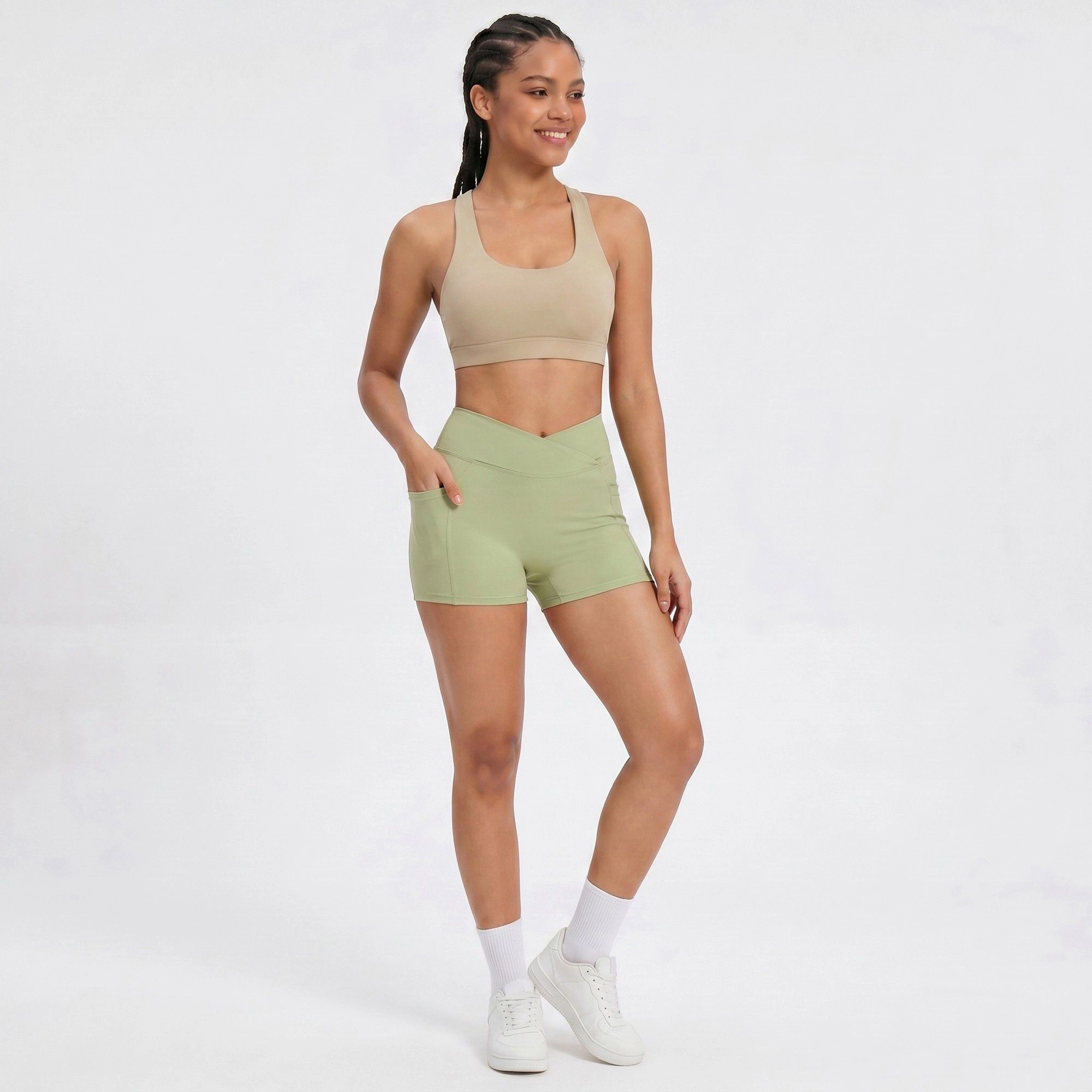 Anna-Kaci Women's High Waist Crossover Waistband Pocket Workout Biker Shorts