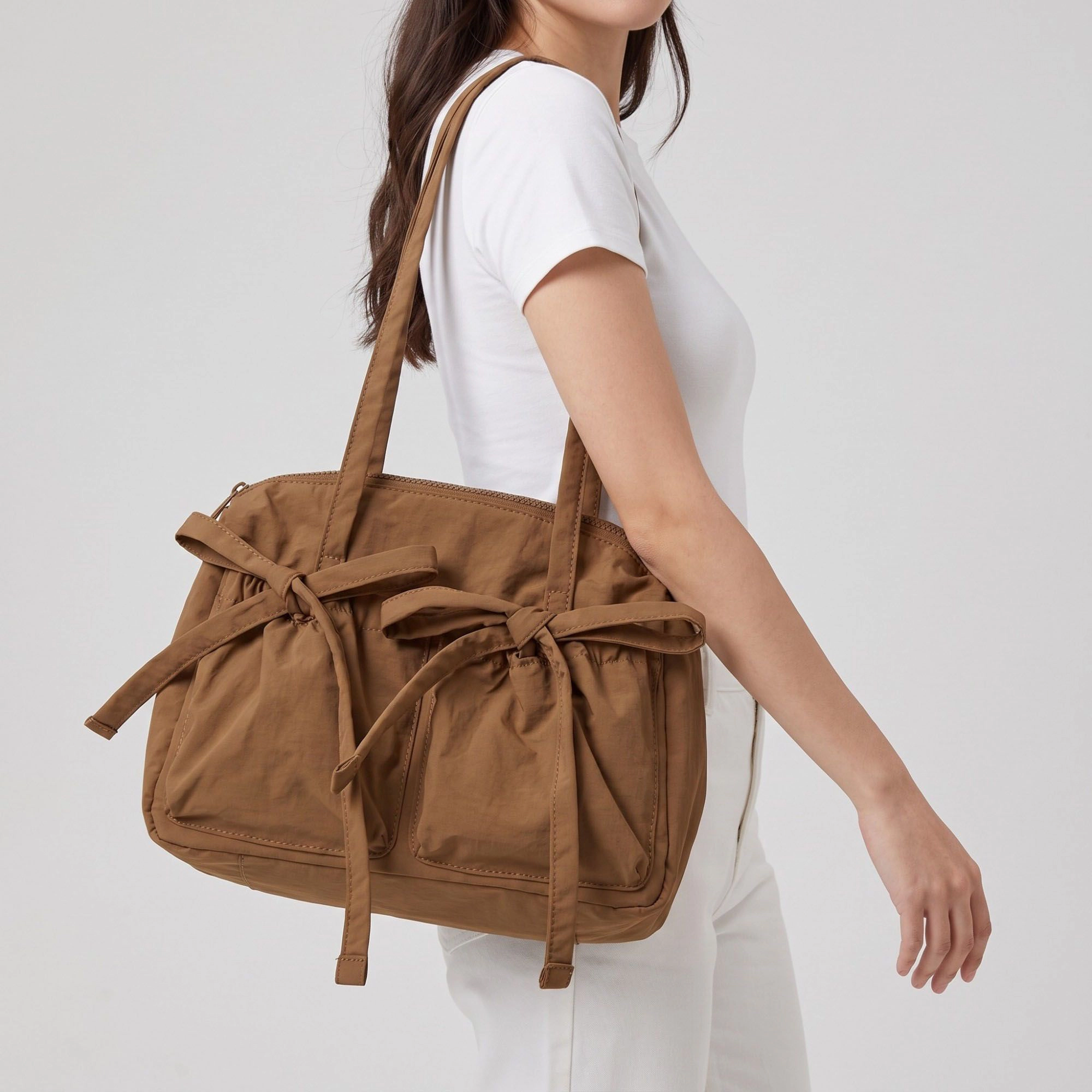 Alilang Women's Multi-Pocket Shoulder Tote Bag with Bow-Tie Drawstrings and Top Zipper 11.5x9x5in