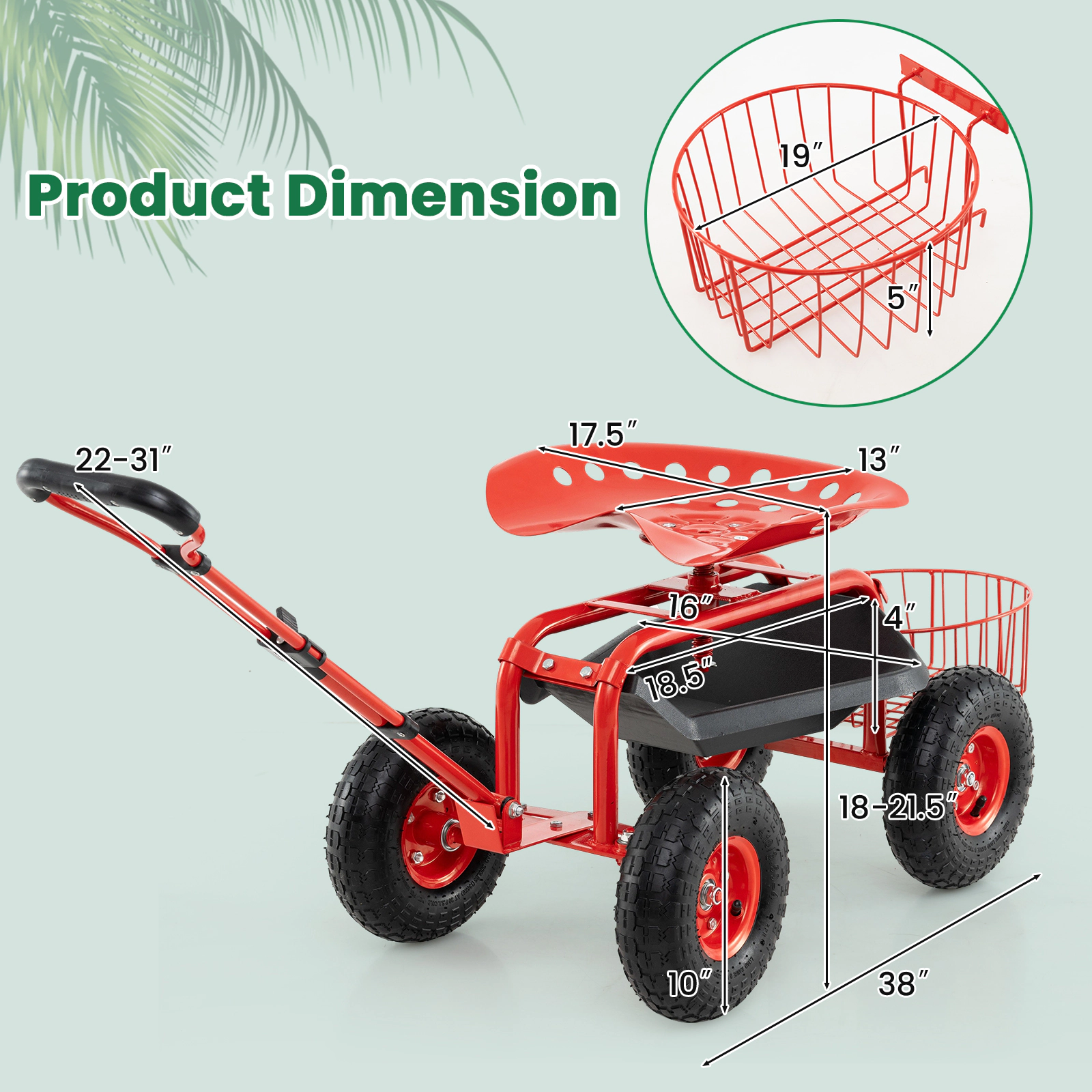 SUGIFT Heavy Duty Garden Cart with Tool Tray and 360 Swivel Seat 330-lb Capacity Green with Basket and 10-in Wheels
