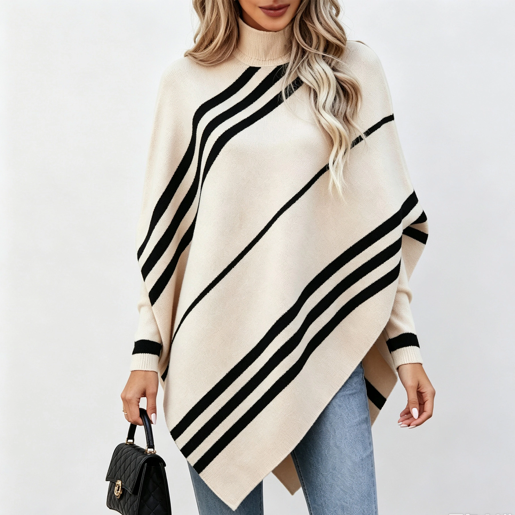 YesFashion Women's Turtleneck Poncho Sweaters Cable Knit Casual Pullover Sweater