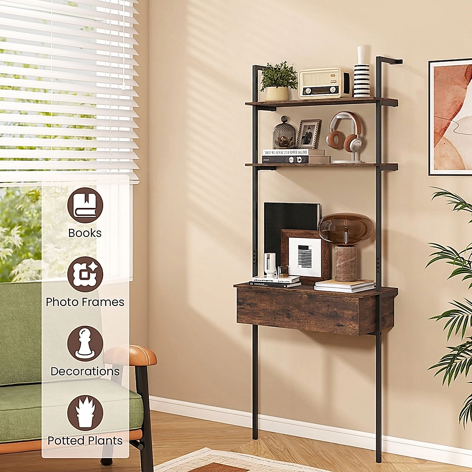 SUGIFT 4-Tier 73-in Tall Ladder Shelf Bookshelf with Drawer Metal Frame and 120-lb Capacity for Living Room