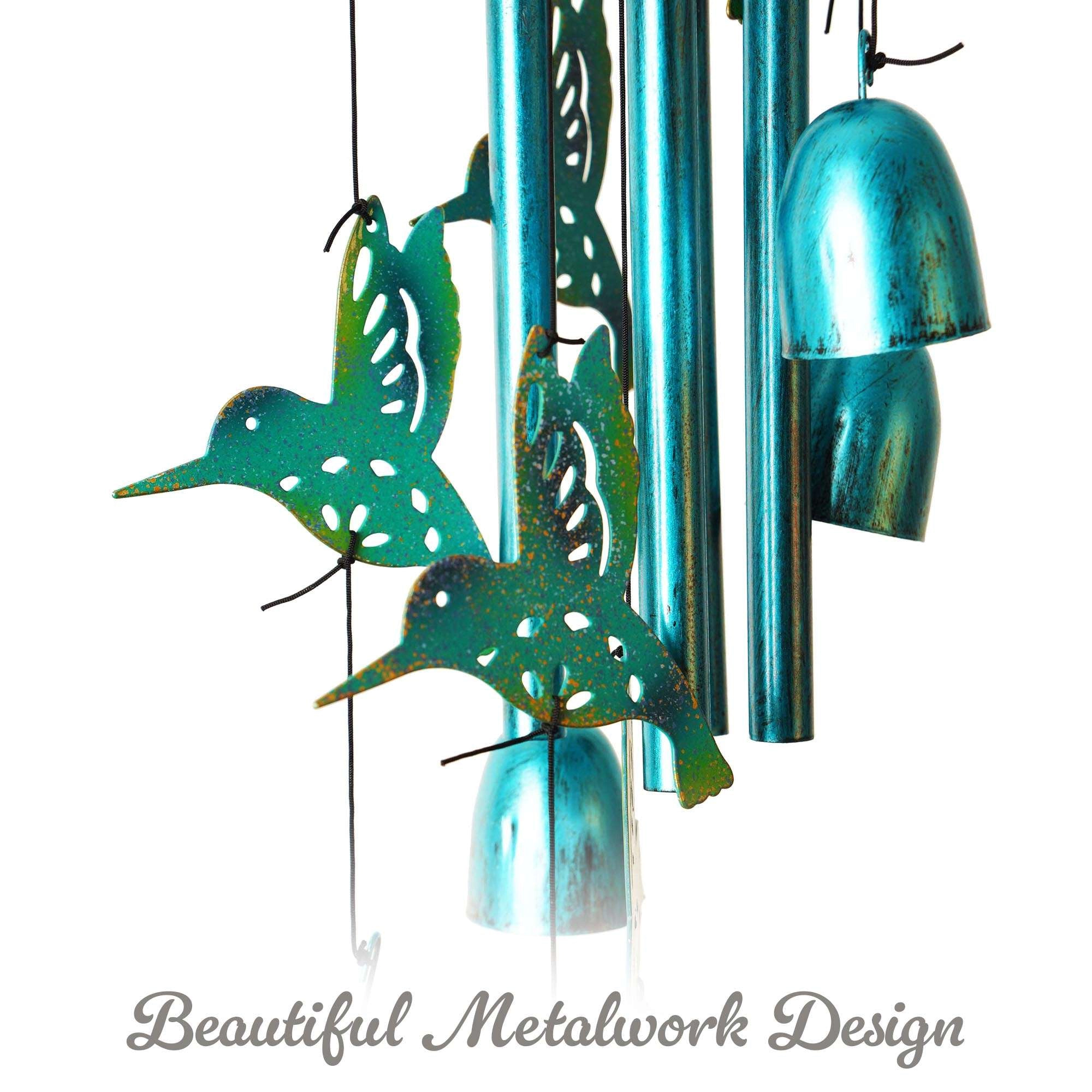 G128 Blue Hummingbird Wind Chime 32" - Hand-Painted Metal Outdoor Chime for Garden Patio Porch