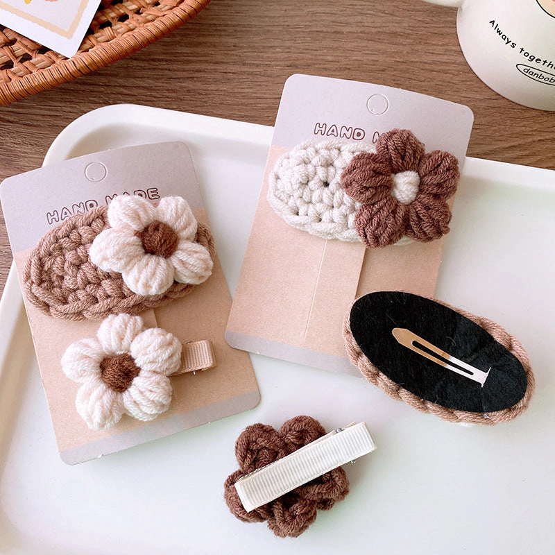 MyKids-USA Adorable Handcrafted Knitted Hair Accessories For Children And Teens: Beige Floral Clip Plush Hairband