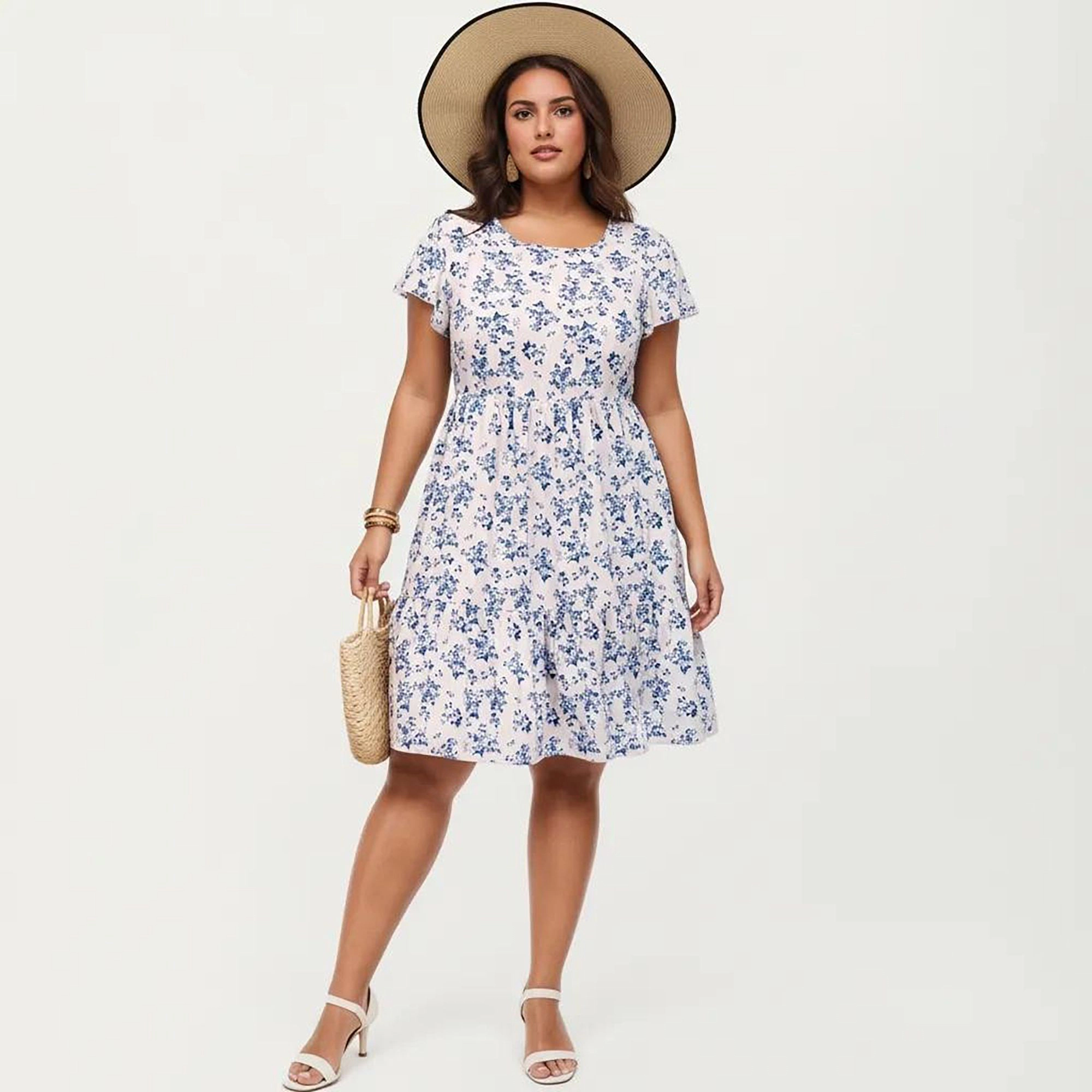 Anna-Kaci Womens Plus Floral Print Tiered Knee-Length Dress