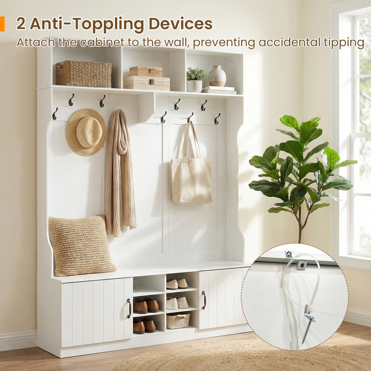 Glintex 59-Inch Wide 6-in-1 Hall Tree with Soft-Close Hinges and Adjustable Shelves, White
