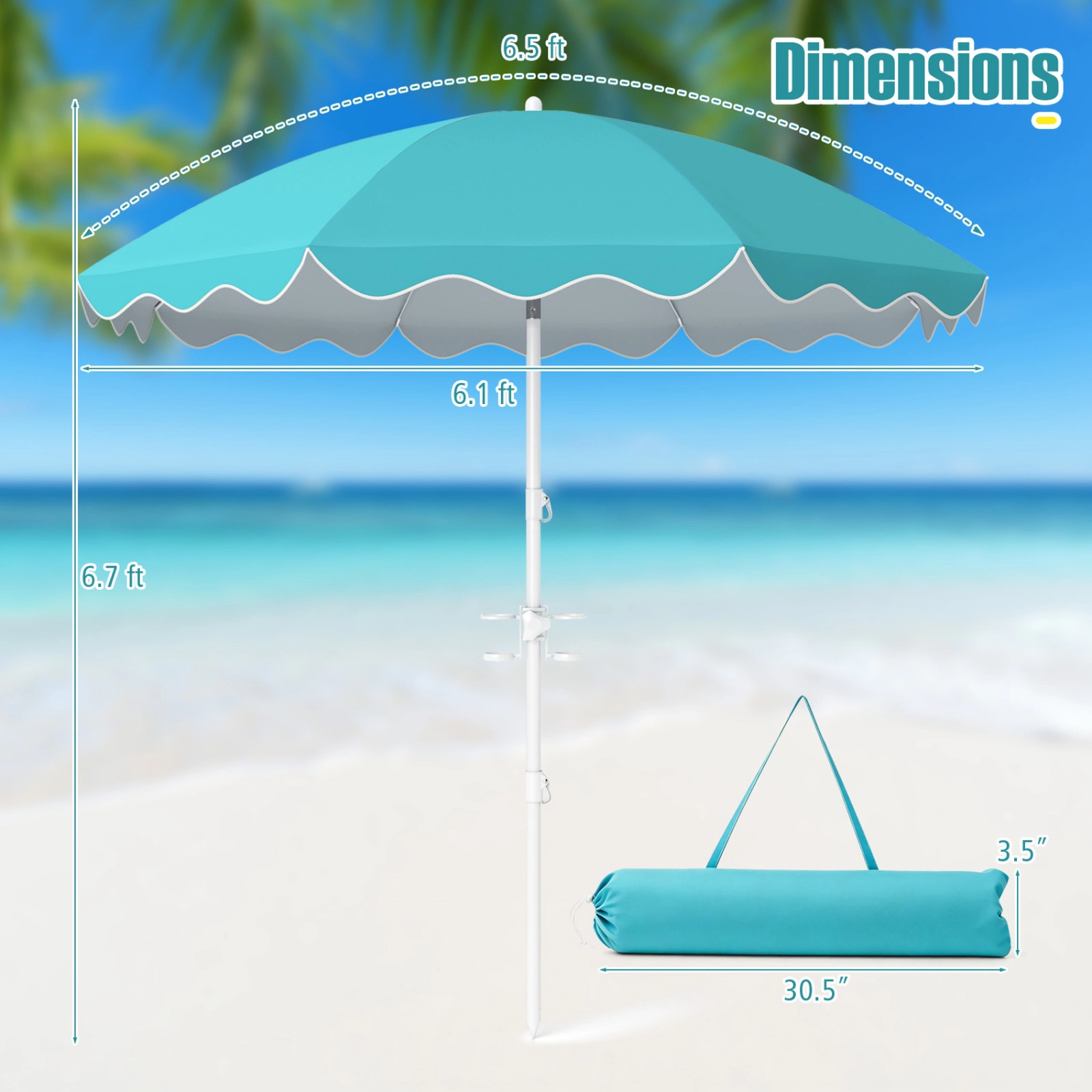 SUGIFT UPF 50+ Beach Umbrella with Sand Anchor and Tilt 6.5-ft Canopy with Cup Holders Turquoise Stripe