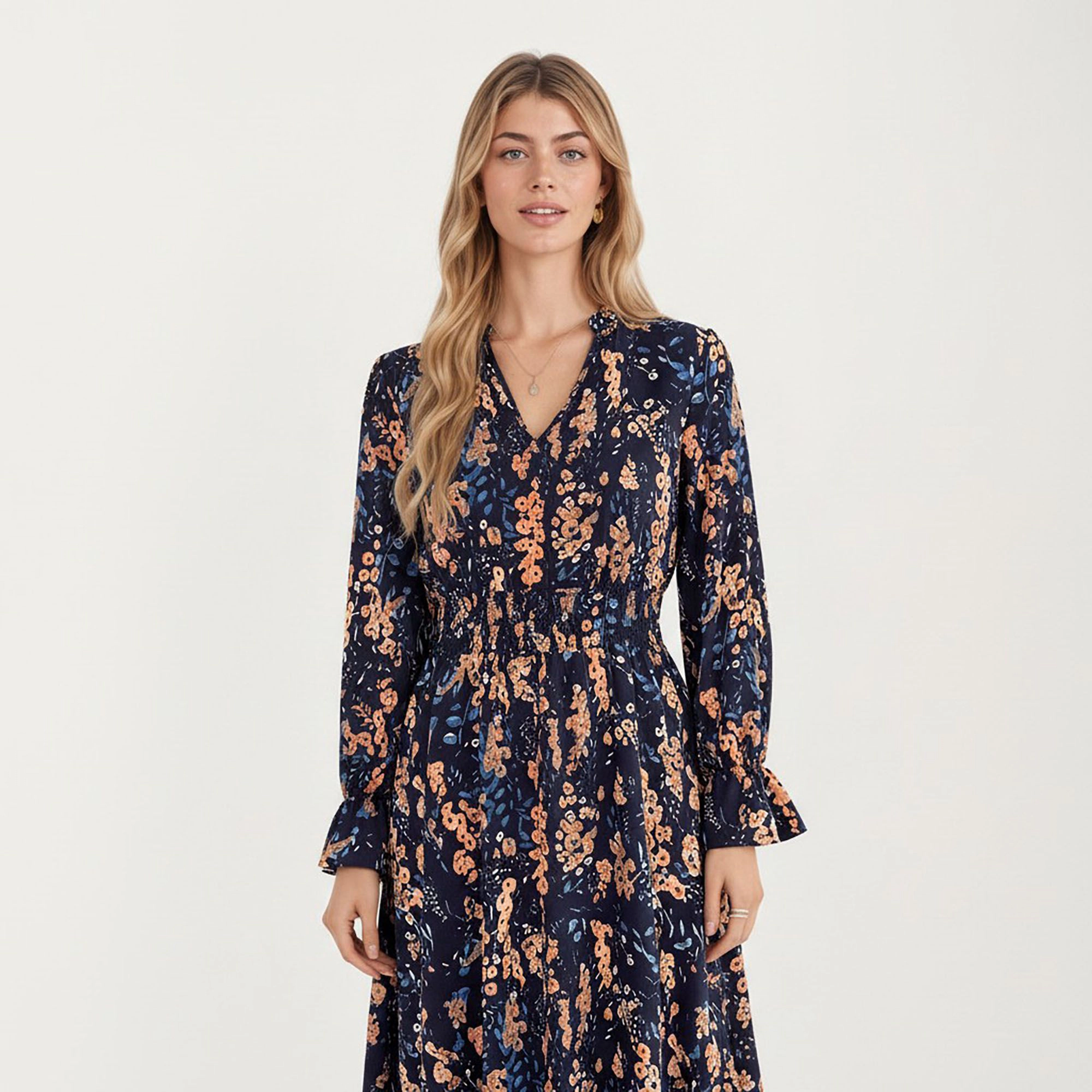 Anna-Kaci Women's Floral Print Smocked Waist Long Sleeve V Neck Ruffle Hem Dress