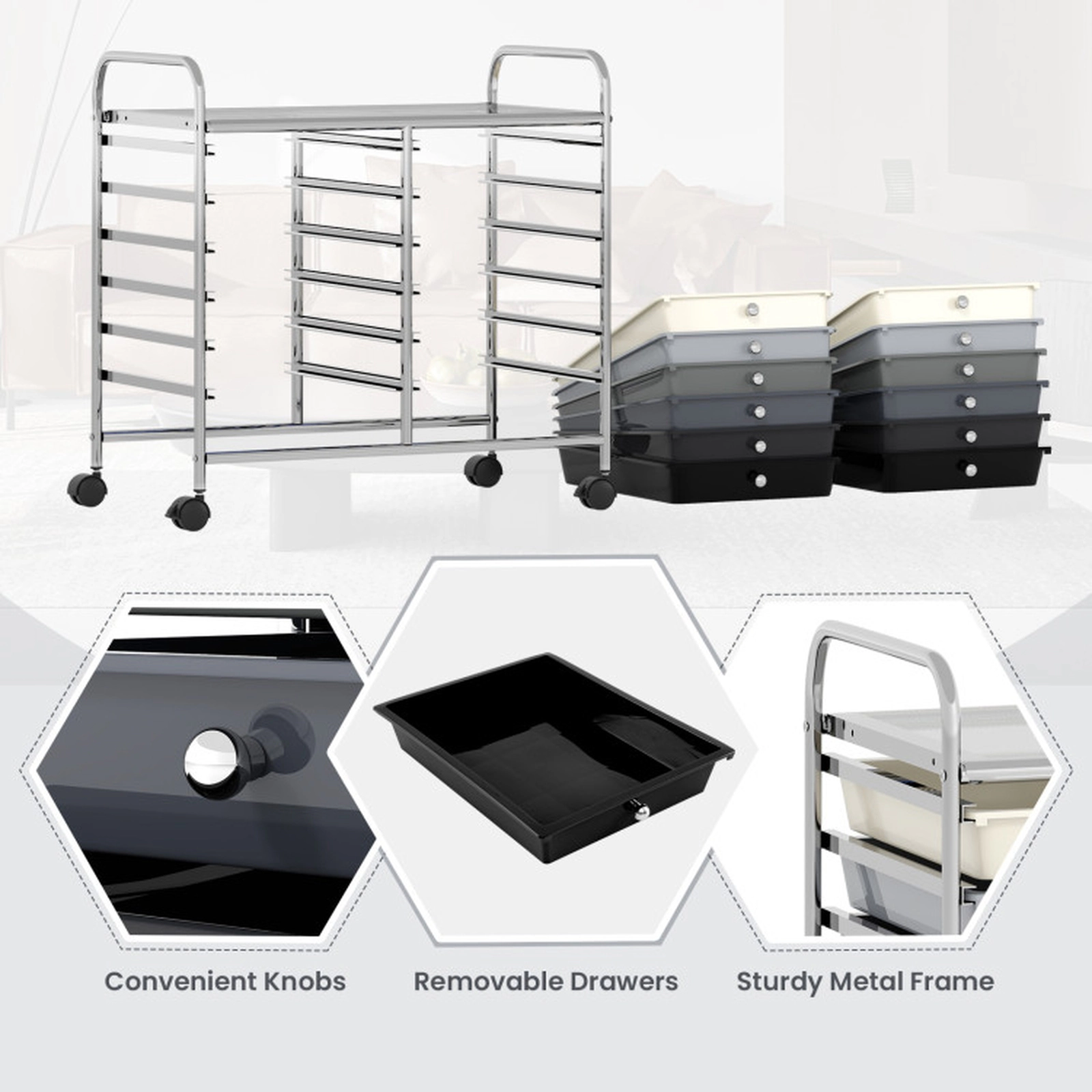 SUGIFT 12-Drawer Rolling Storage Cart with Steel Frame 34-in Tall for Home and Office Gradient Gray