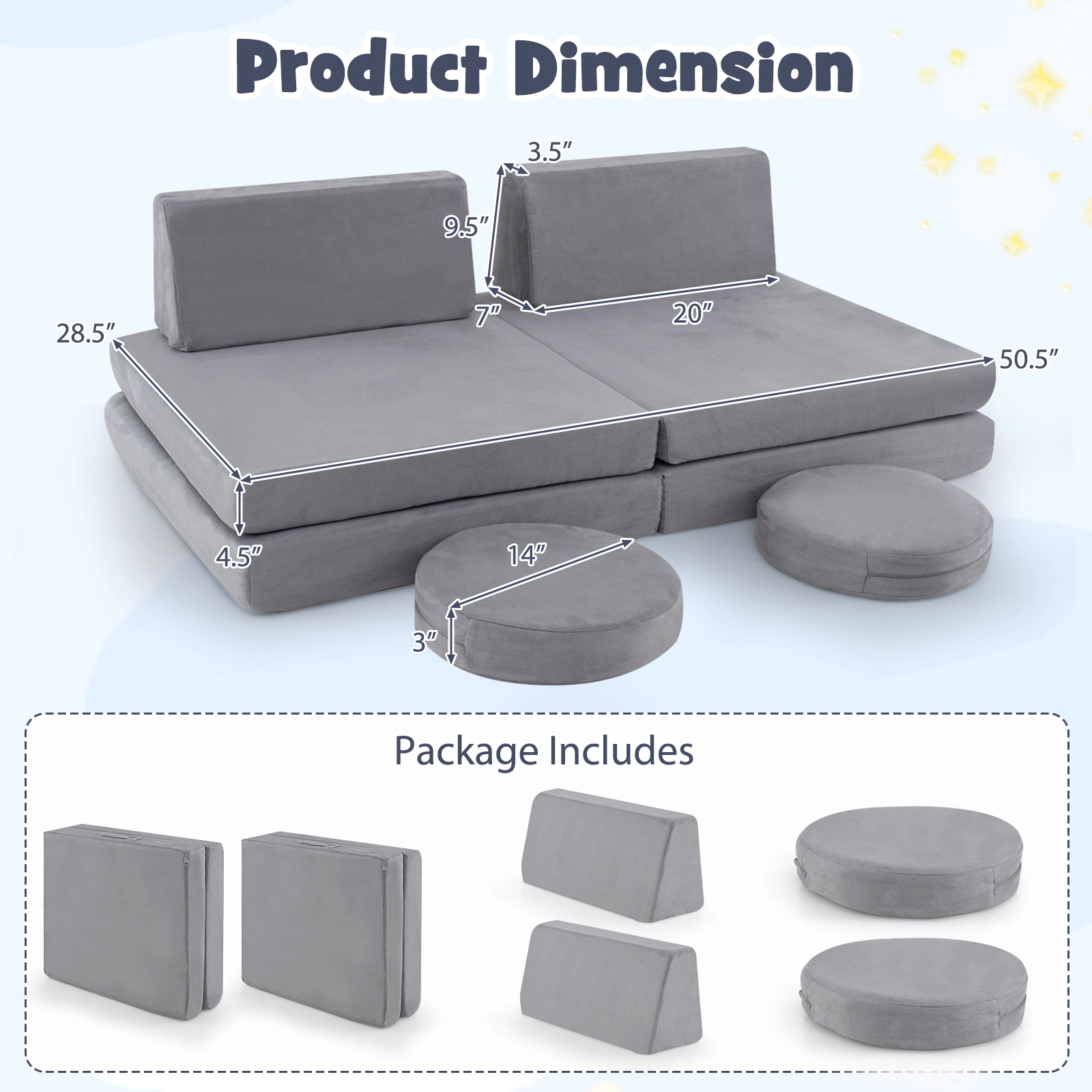 SUGIFT 6-Piece Modular Kids Foam Play Couch Chair Set with Washable Velvet Covers 50.5-in Wide Ages 3+ Gray