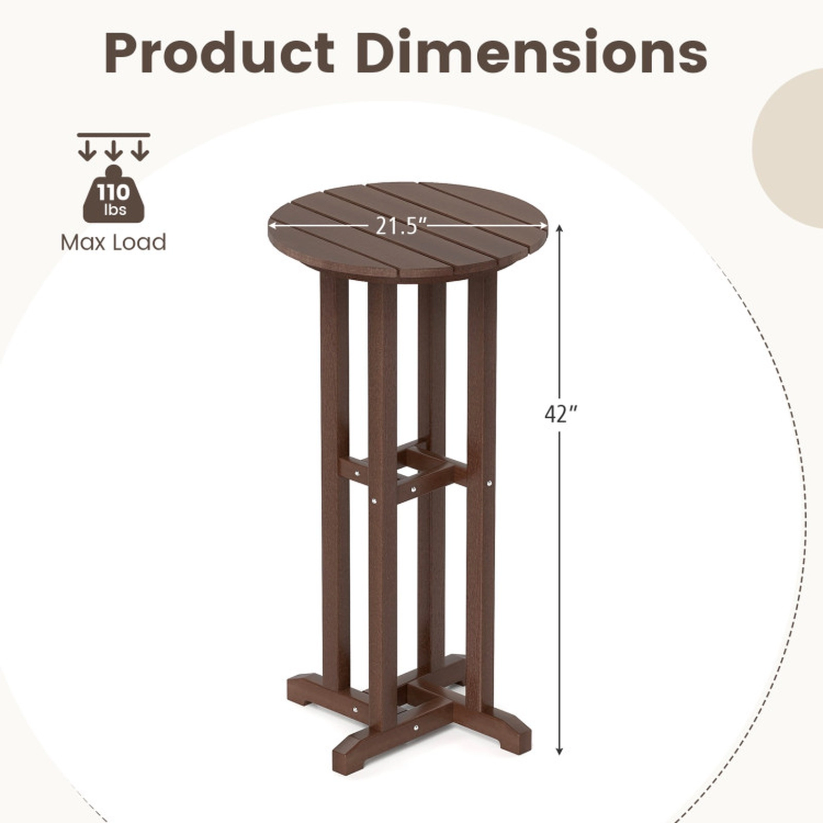 SUGIFT 21.5-in Round HDPE Bar Height Patio Dining Table with Slatted Tabletop 110-Lb Capacity 42-in Tall Brown