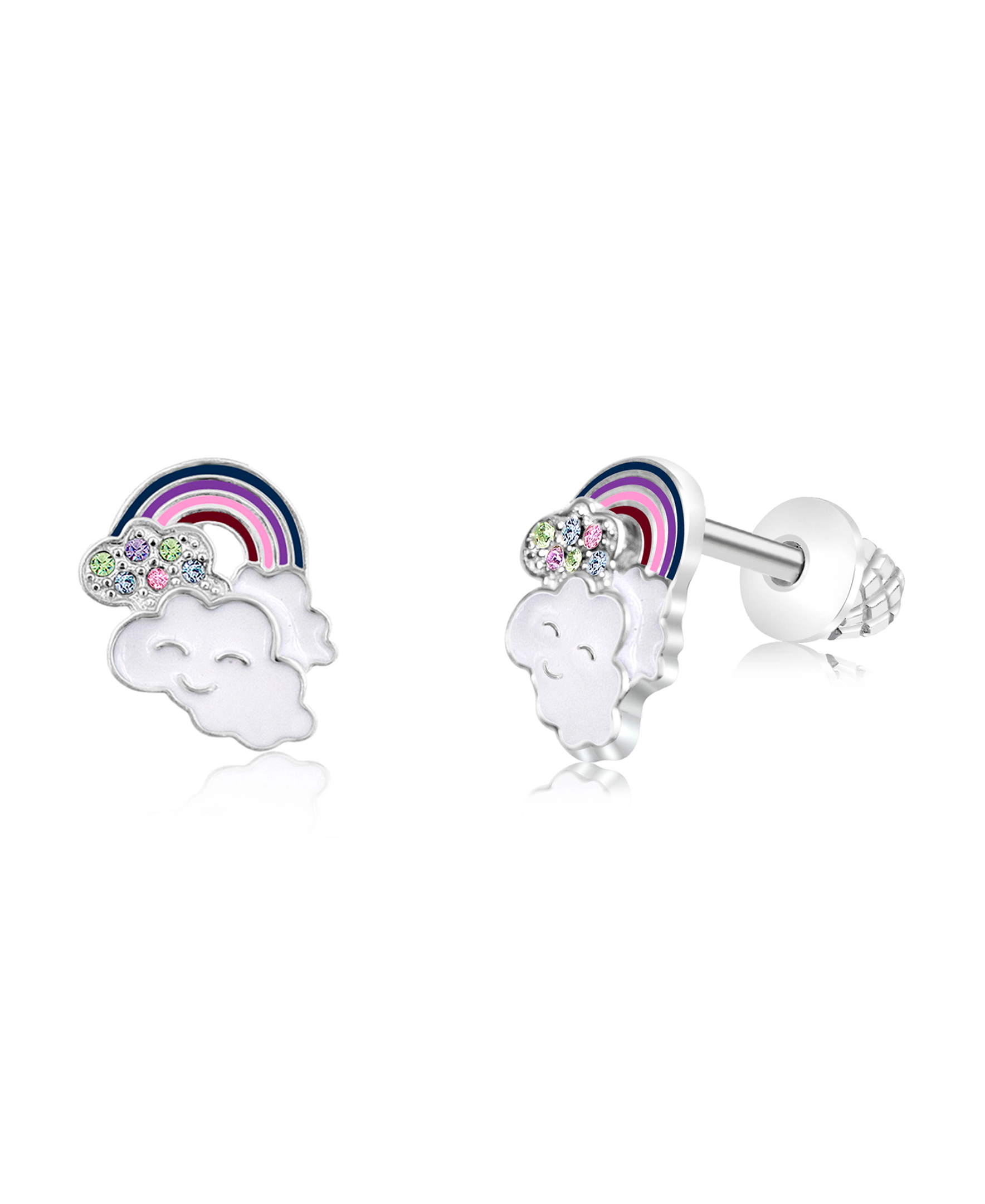 CHANTEUR Kids Cloud Stud Earrings - Crystal Rainbow Clouds, White Gold Palladium Plating, Screw Back for Sensitive Ears