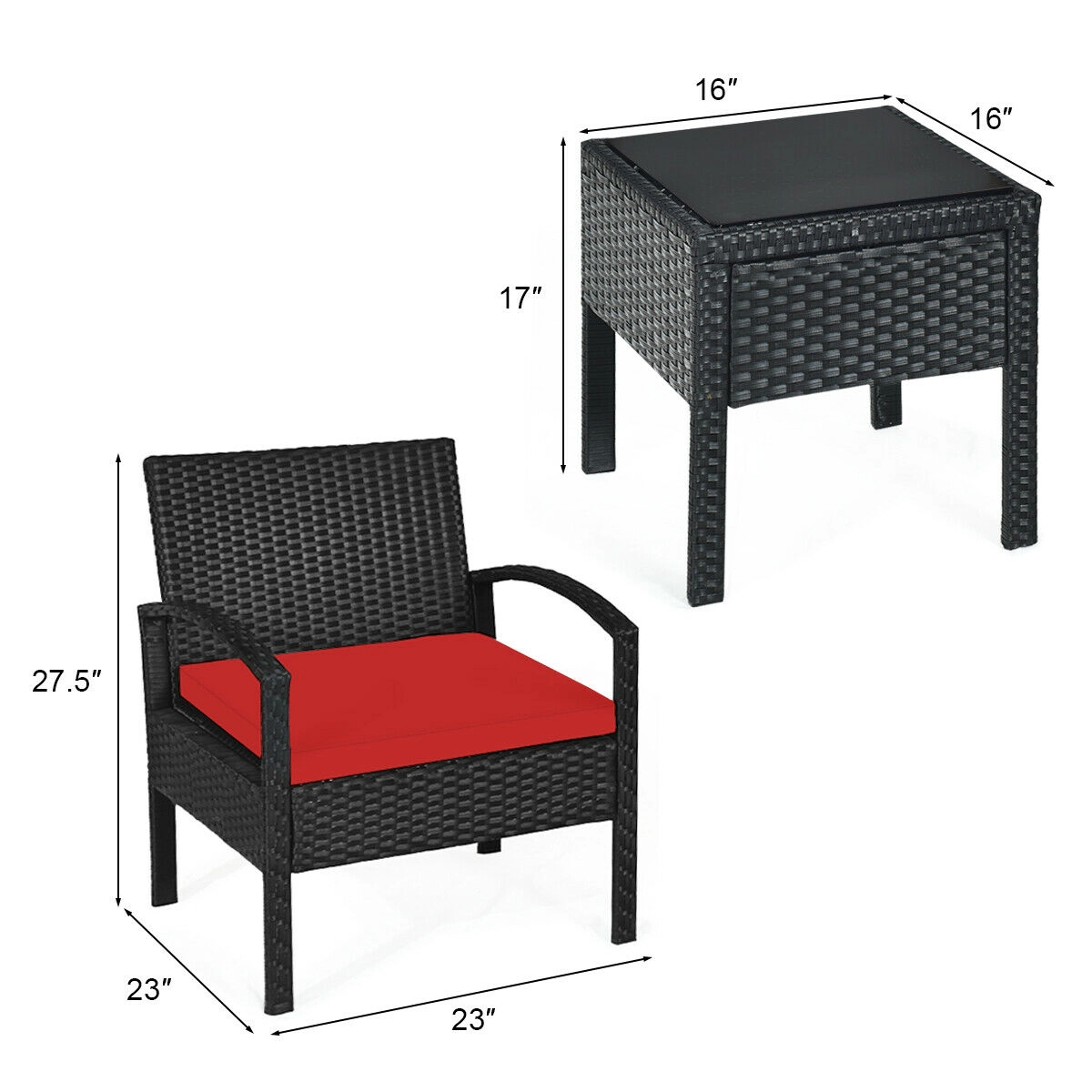 SUGIFT Red Seat Cushions and Side Table 3-Piece Outdoor Rattan Conversation Set
