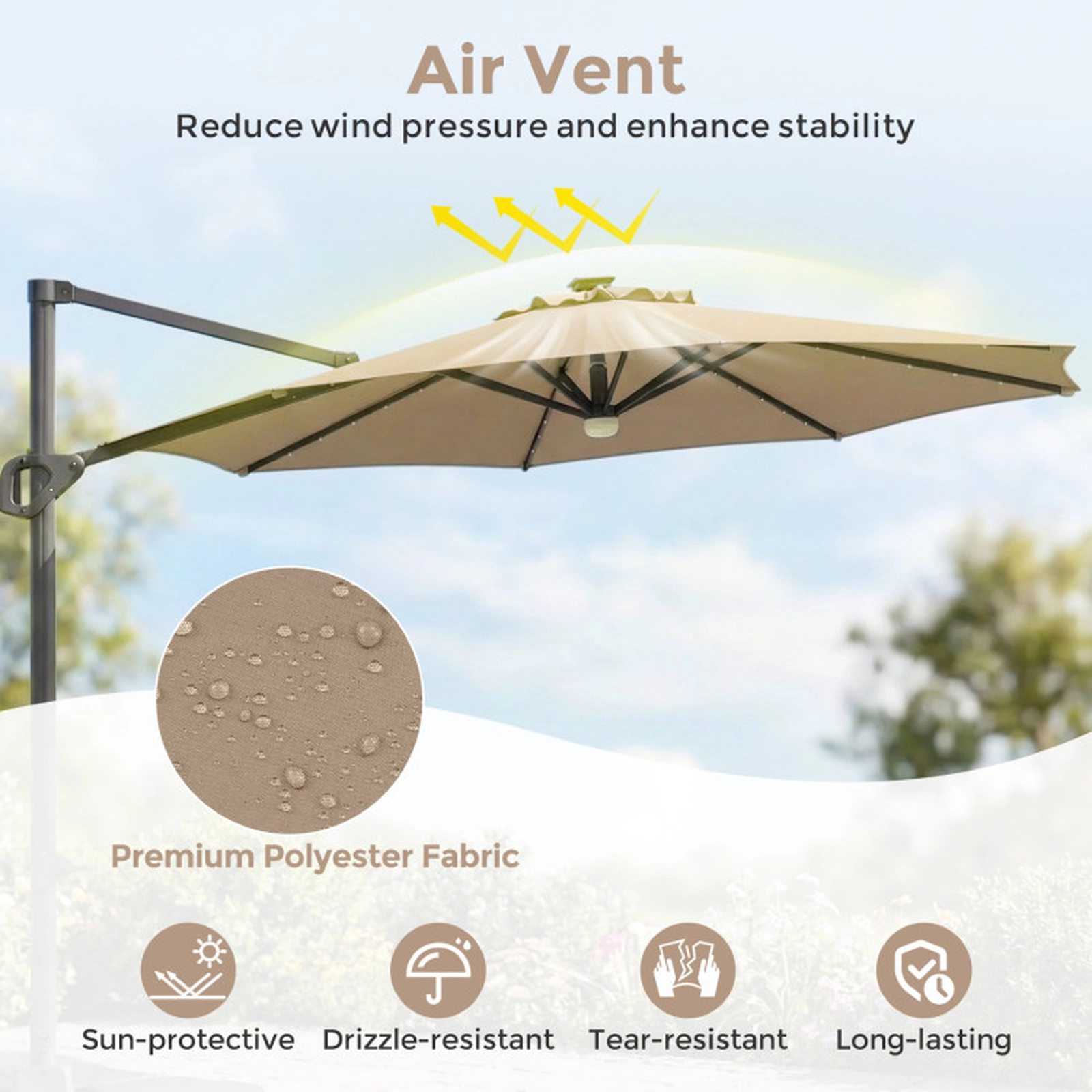 SUGIFT 10-ft Cantilever Patio Umbrella 35 Solar LED Lights & 220-lb Fillable Base Tan/Beige/Navy/Gray/Wine Canopy Black