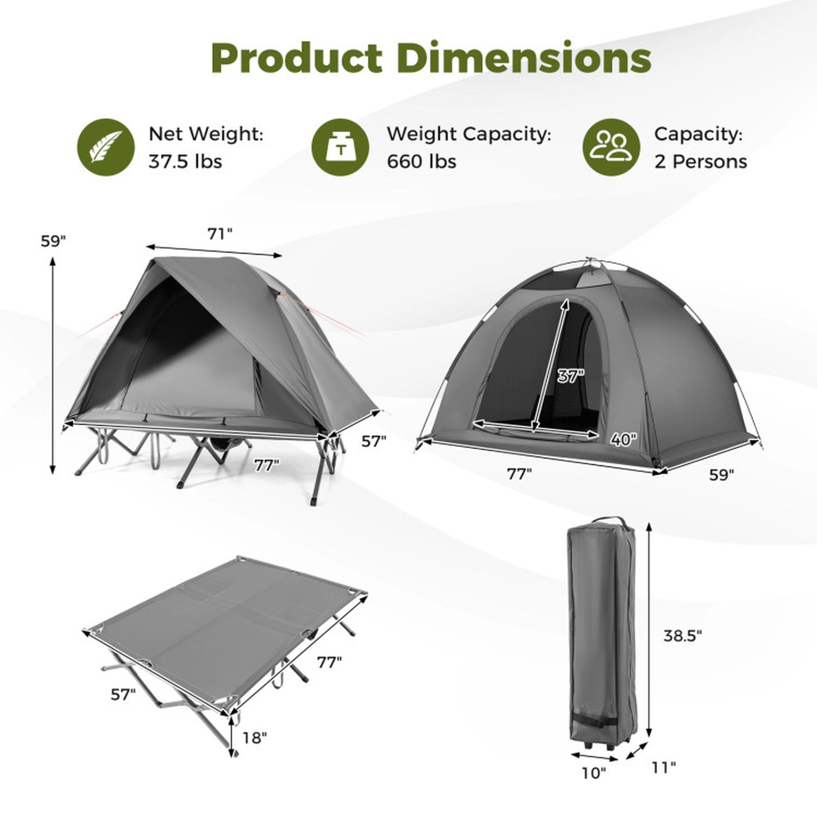 SUGIFT Grey 77-in 660-lb Capacity 2-Person Camping Cot Tent with 3000-mm Rainfly and Wheeled Bag