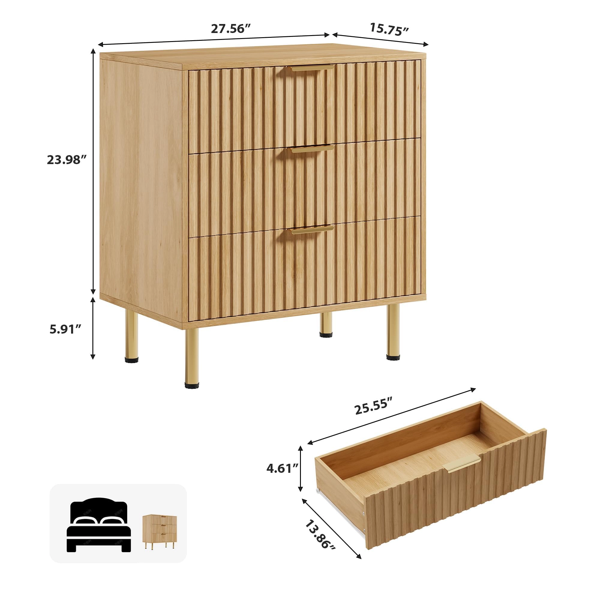 Fluted 3 Drawer Dresser Nightstand, Wooden Storage Side Table for Bedroom Living Room Hallway
