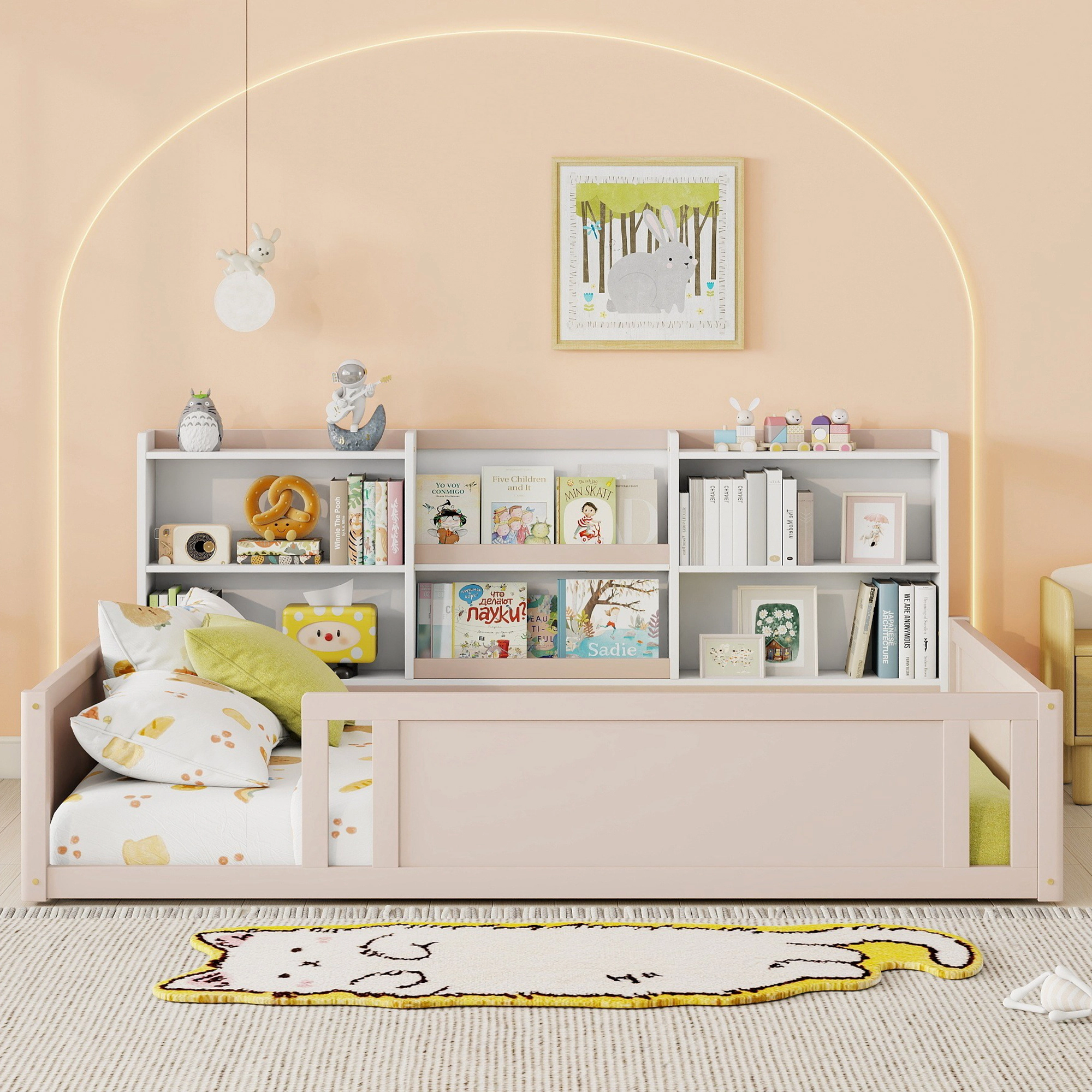 Flynama Full Wooden Floor Bed with Guardrail & Side Shelves, Space-Saving Kids Bed, Nude White