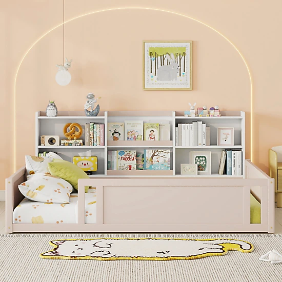 Flynama Full Wooden Floor Bed with Guardrail & Side Shelves, Space-Saving Kids Bed, Nude White