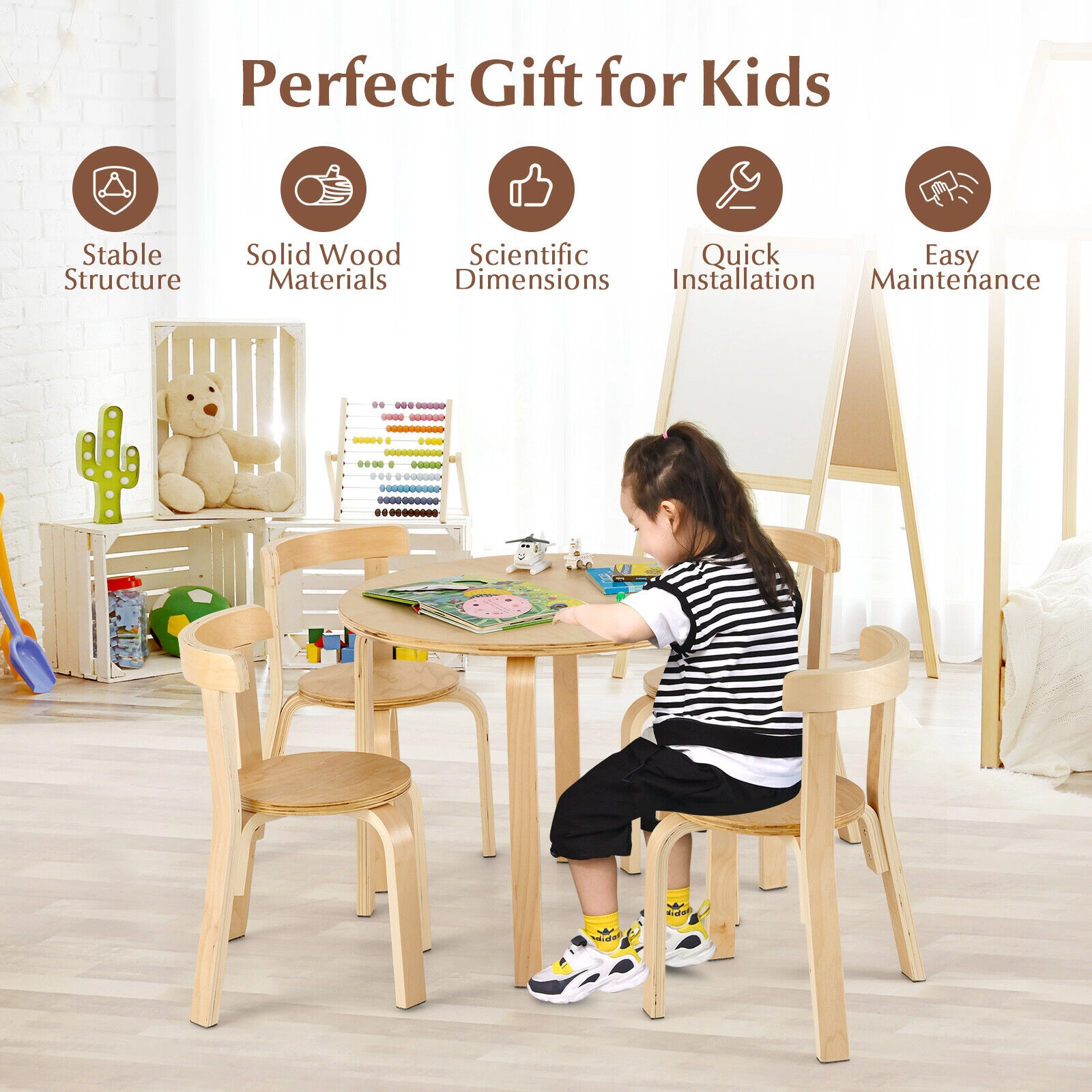 SUGIFT 5-Piece 55-lb Capacity Kids Wooden Round Activity Table and 4 Curved Back Chairs with Toy Bricks