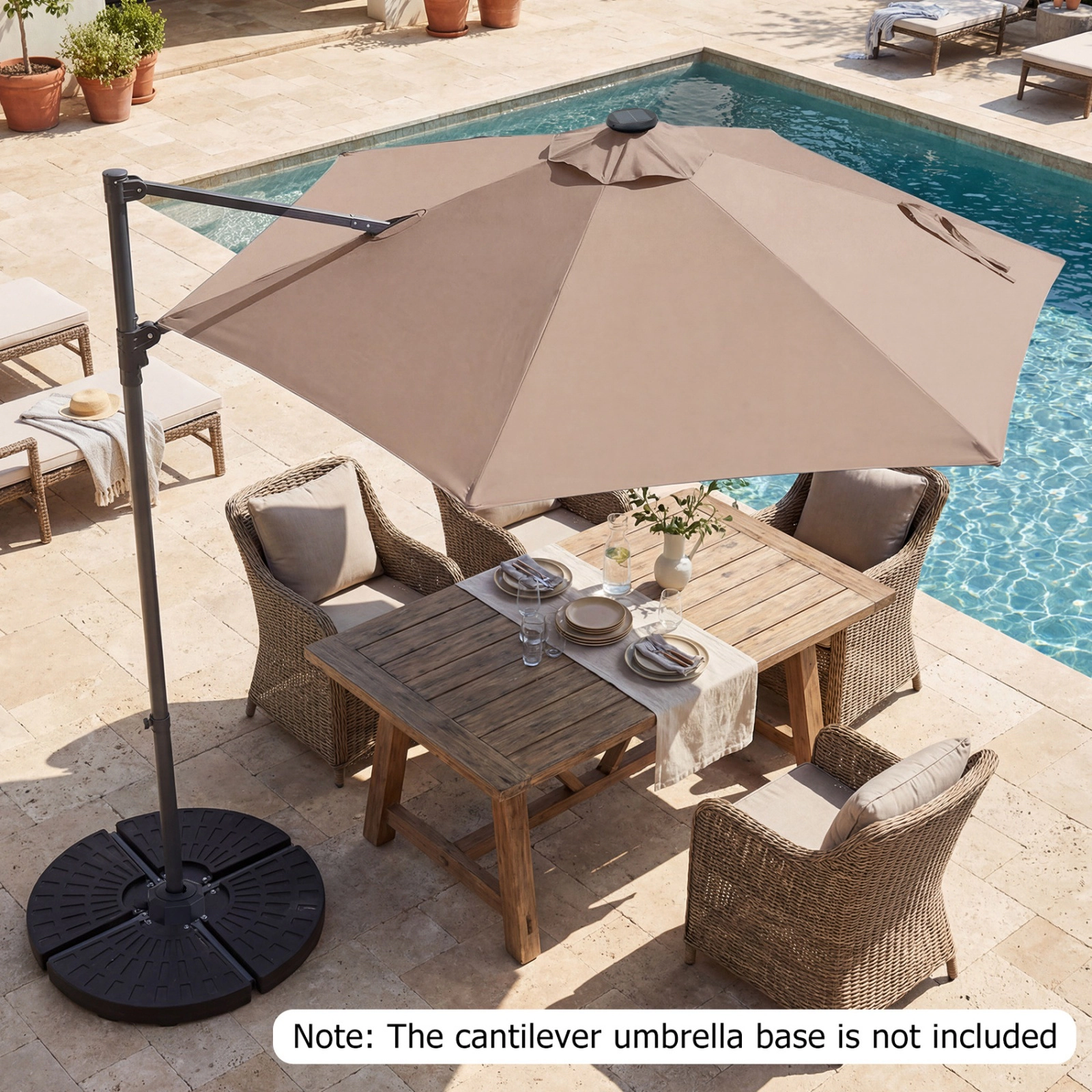 SUGIFT 10-ft Tan Solar LED Offset Cantilever Patio Umbrella with Manual Lift and Cross Base