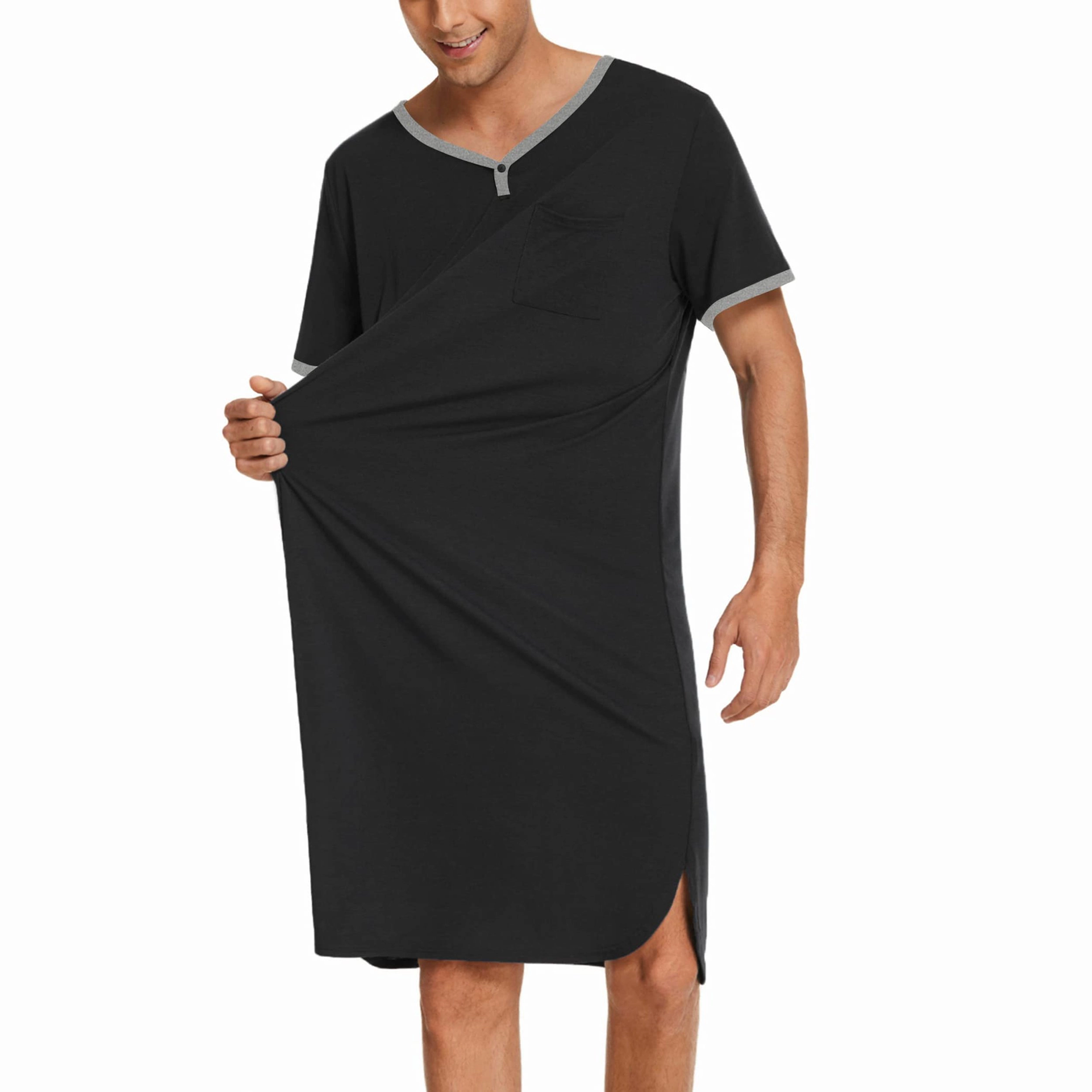 Ekouaer Men's V Neck Short Sleeve Nightshirt Sleep Shirt with Pocket